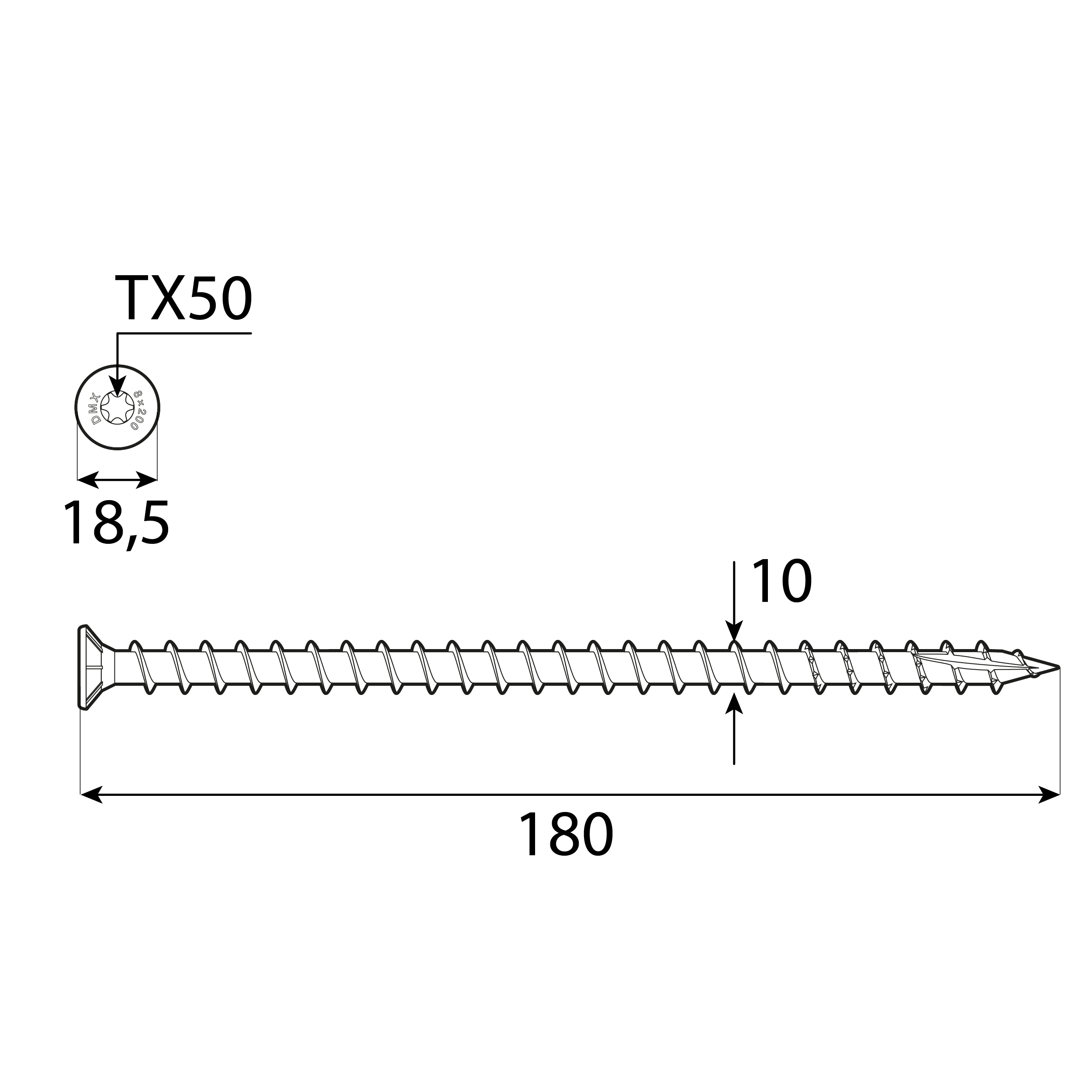 Wkręty z pełnym gwintem konstrukcyjne z łbem stożkwym TORX CPS, 10x180 mm, srebrny, 50 szt., 10x180 mm, Hartowana stal węglowa, ujęcie 1.