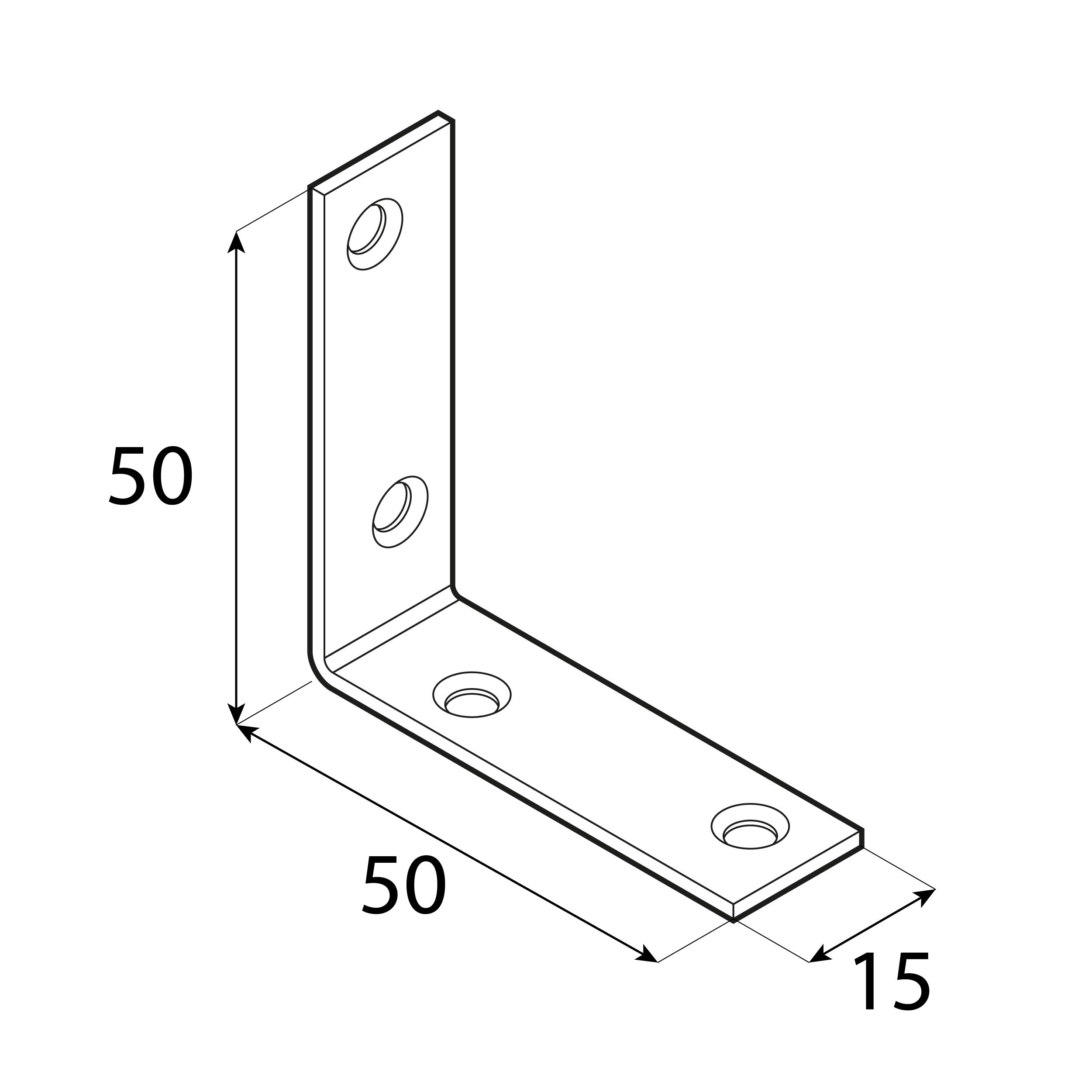 Kątownik meblowy stolarski wąski KW 50, 50x50x15 mm, 50 szt., 50x50x15x1,5 mm, Stal konstrukcyjna DC01, srebrny, ujęcie 2.
