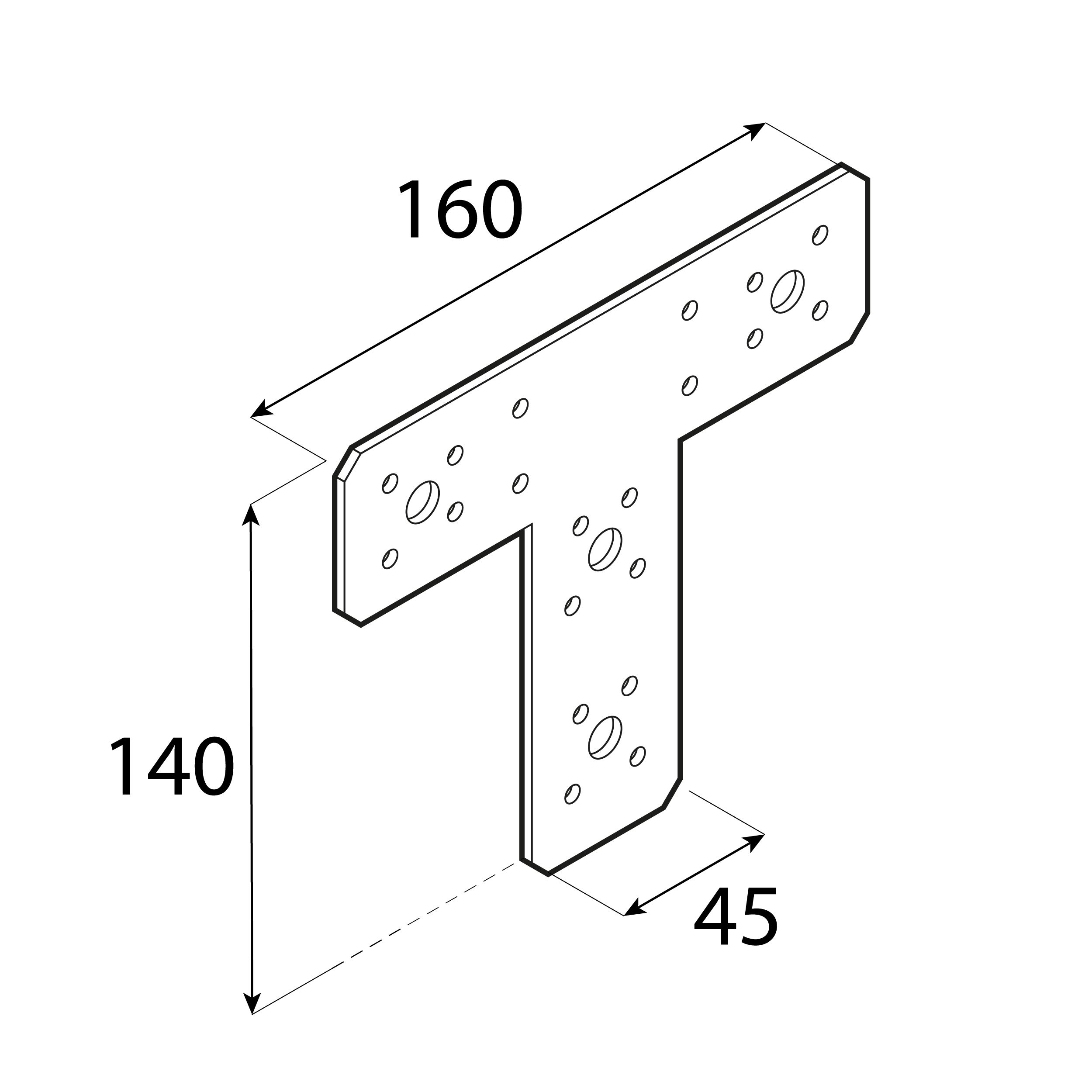 Łącznik płaski metalowy typu T - KT 160 | 160x140x45 mm | 2,5 mm | Srebrny Łącznik płaski metalowy typu T KT 160, 160x140x45 mm, 2, 5 mm, srebrny, 160x140x45x2,5 mm, Stal konstrukcyjna DX51D, ujęcie 1.