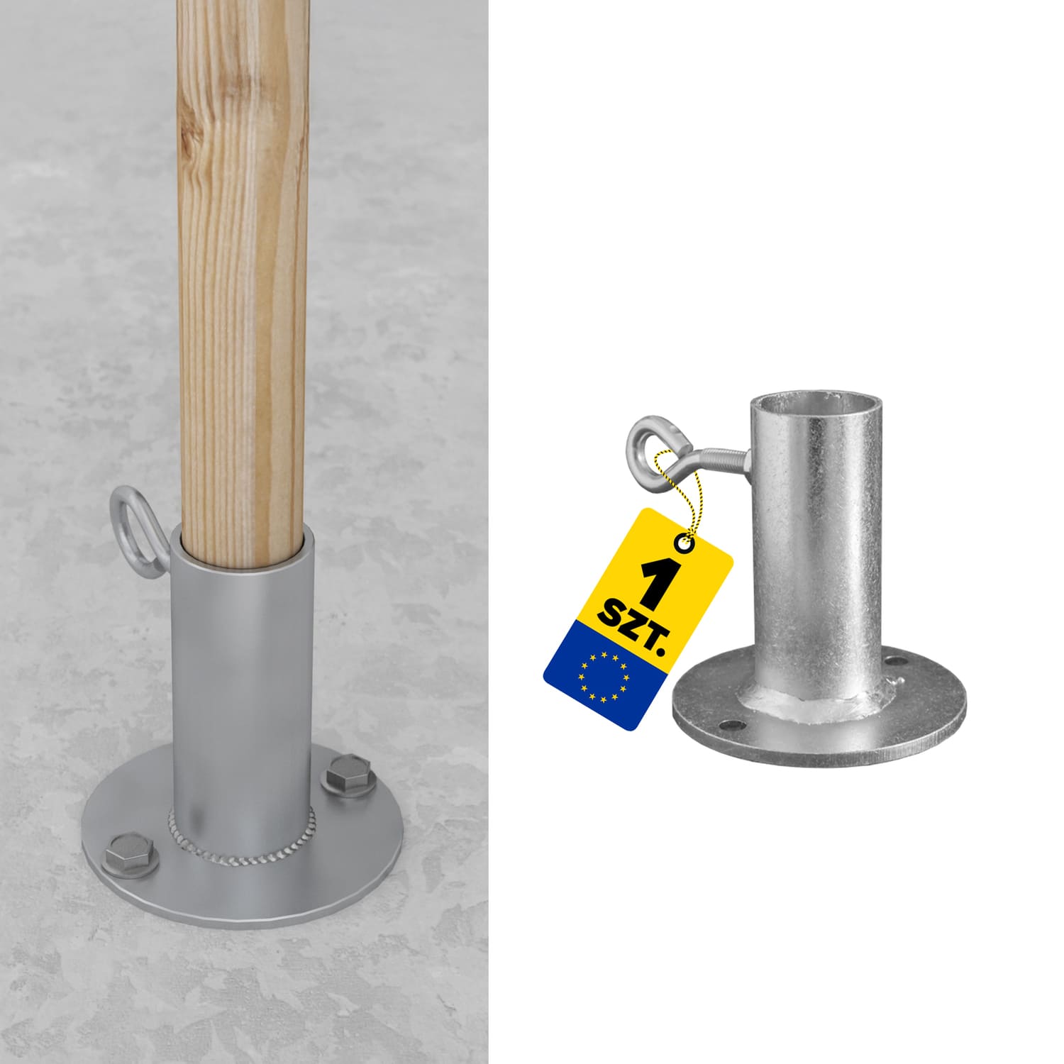 Podstawa parasola okrągła stalowa z dokręceniem PDP, do 38 mm, srebrny, 38x105x100 mm, Stal konstrukcyjna S235, ujęcie produktu.