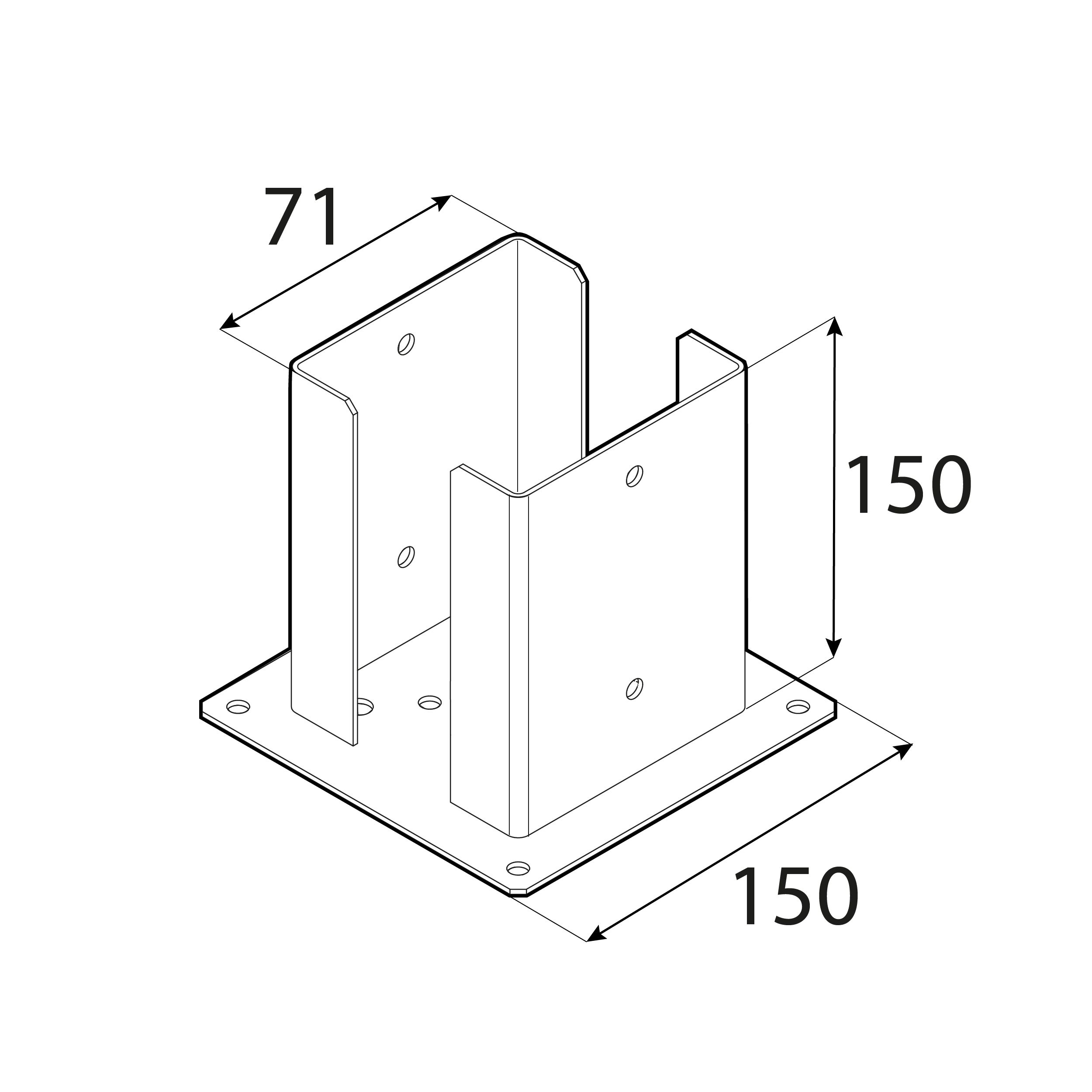 Podstawa słupa kotwa przykręcana podwójna z podstawą prostokątną PSPD, 70 mm, Złoty, 71x150x2,0 mm 2, ujęcie 1.
