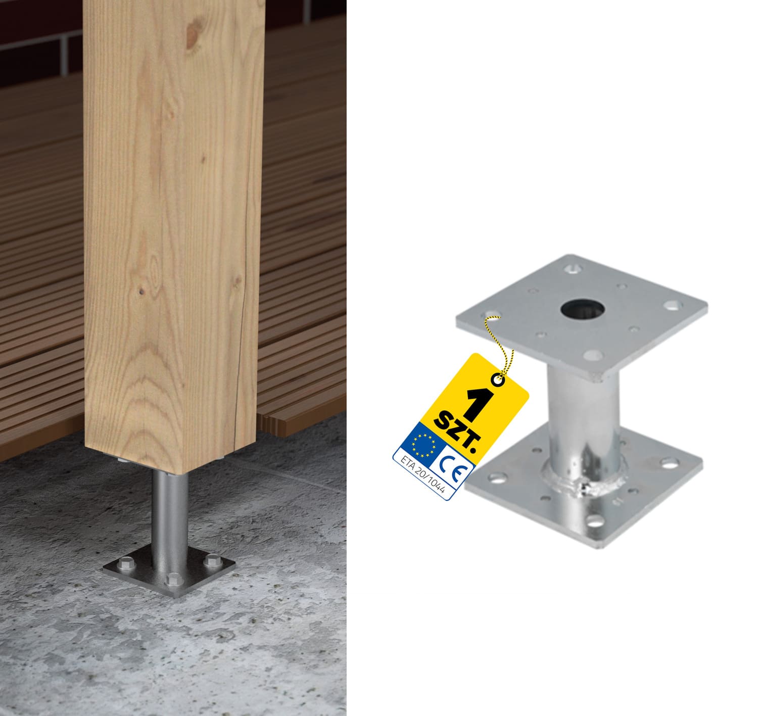 Podstawa słupa kotwa wspornik płaska z rurą PMF, 100x100 mm, 100 mm, srebrny.
