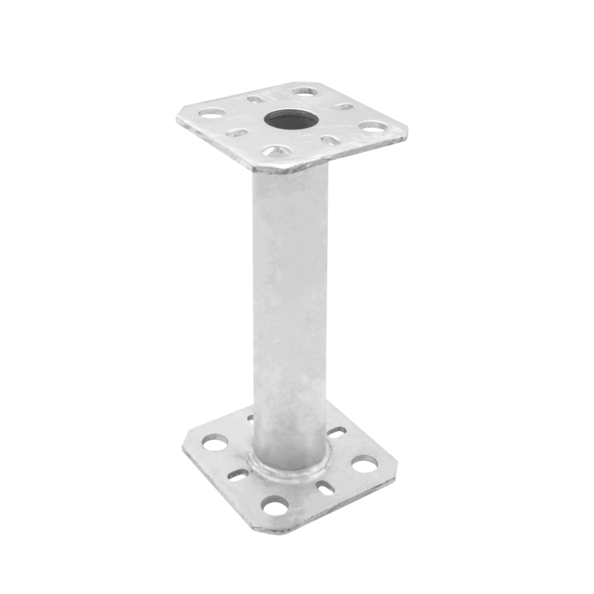 Podstawa słupa kotwa wspornik płaska z rurą PMF, 80x80 mm, 200 mm, srebrny, 80x80x200x4,0 mm.