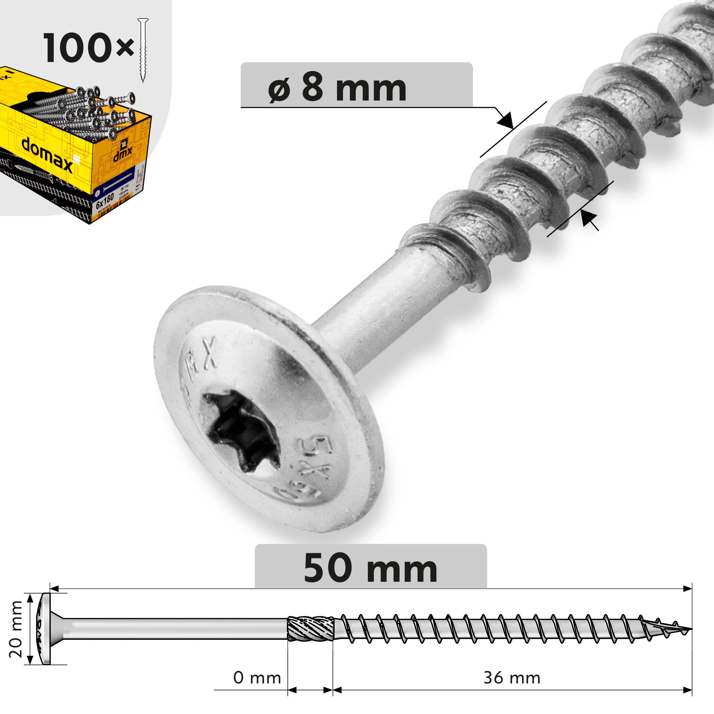 Wkręty ciesielskie do drewna talerzowe TORX - CT | 8 x 50 mm | Srebrny | 100 szt Wkręty ciesielskie do drewna talerzowe TORX CT, 8x50 mm, srebrny, 100 szt., 8x50 mm, Hartowana stal węglowa.