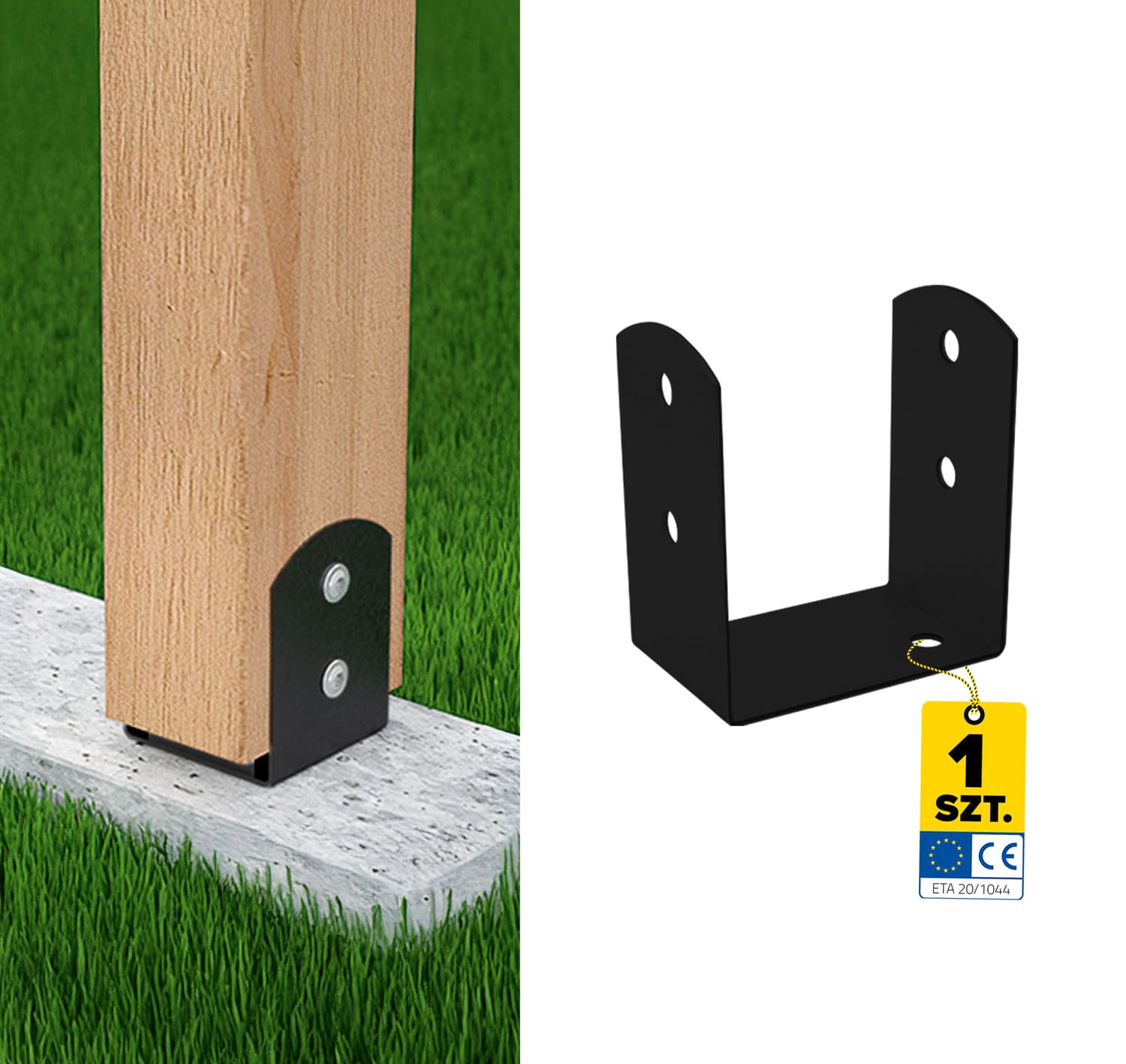 Podstawa słupa kotwa przykręcana do betonu typ U lekka PSOL, 100 mm, czarny, 101x71x120x2,5 mm, ujęcie produktu.