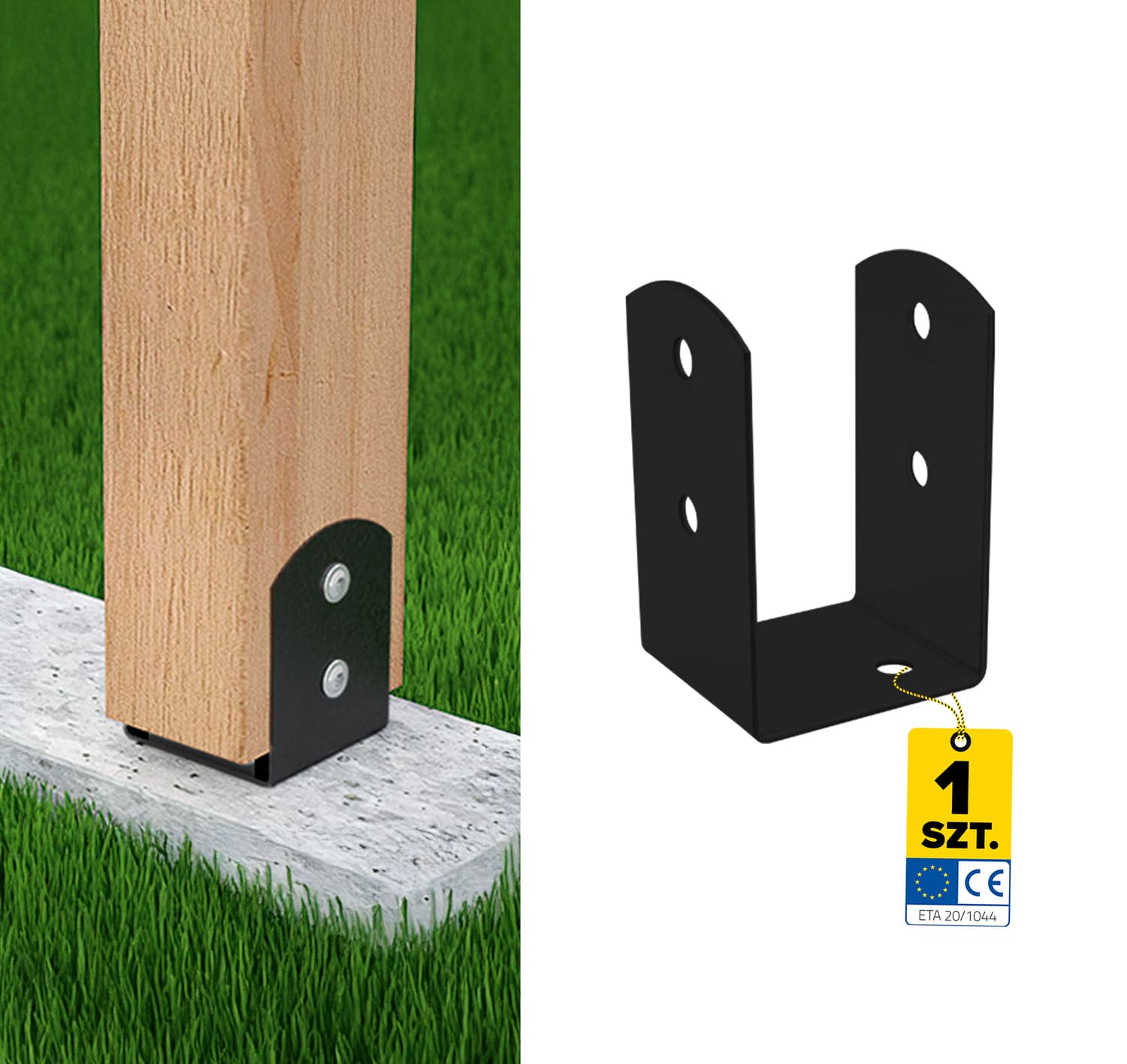 Podstawa słupa kotwa przykręcana do betonu typ U lekka PSOL, 70 mm, czarny, 71x71x120x2,5 mm, ujęcie produktu.