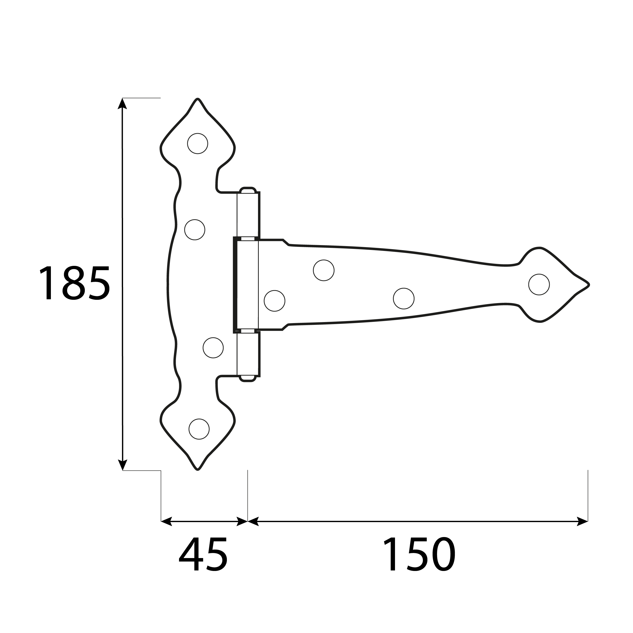 Zawias trójkątny ozdobny ZTO 150, 150 mm, 150x45x185x2,5 mm, Stal konstrukcyjna DC01, czarny 2.