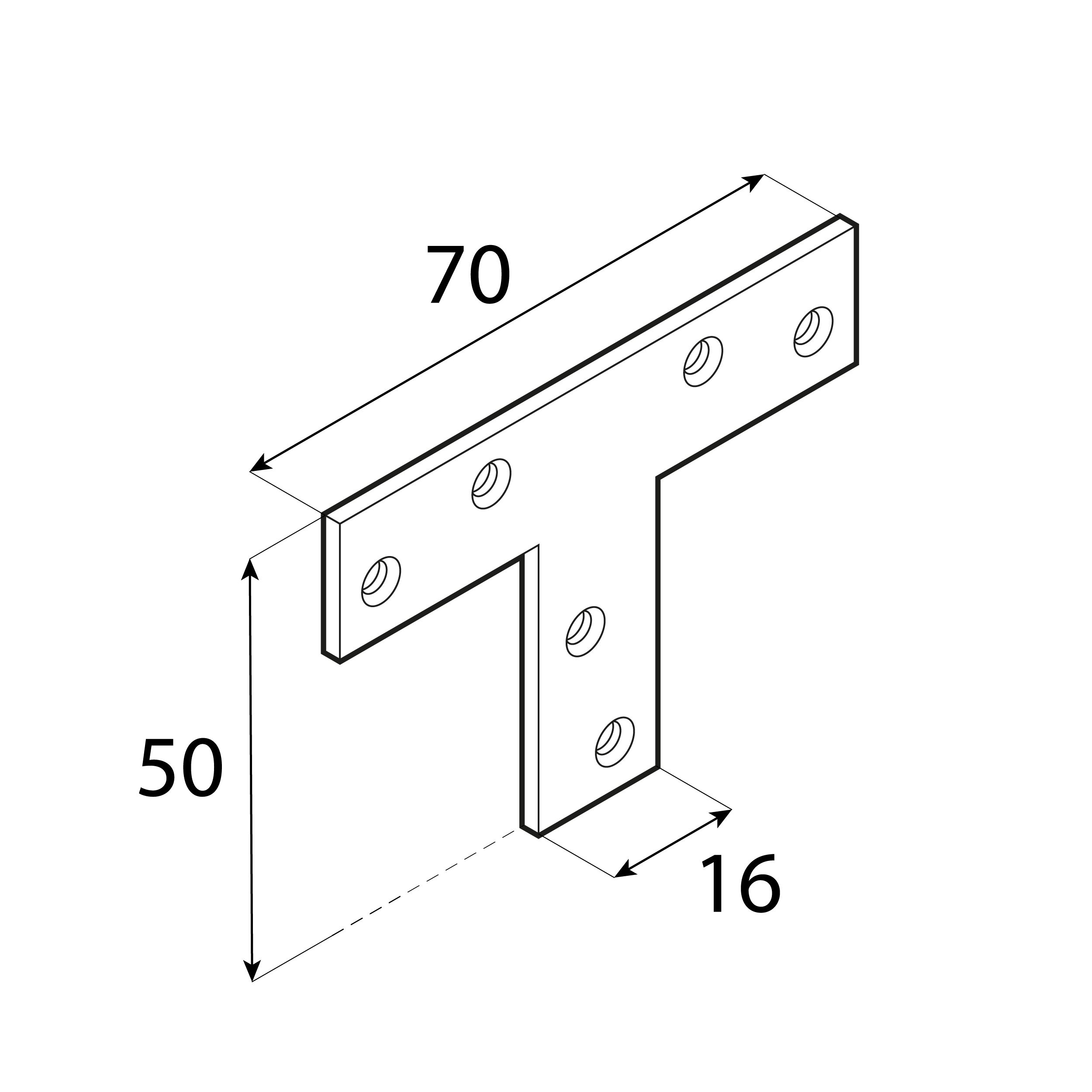 Łącznik płaski metalowy typu T - KT 1 | 70x50x16 mm | 2 mm | Złoty Łącznik płaski metalowy typu T KT 1, 70x50x16 mm, 2 mm, Złoty, 70x50x16x2,0 mm, Stal konstrukcyjna DC01, ujęcie 1.