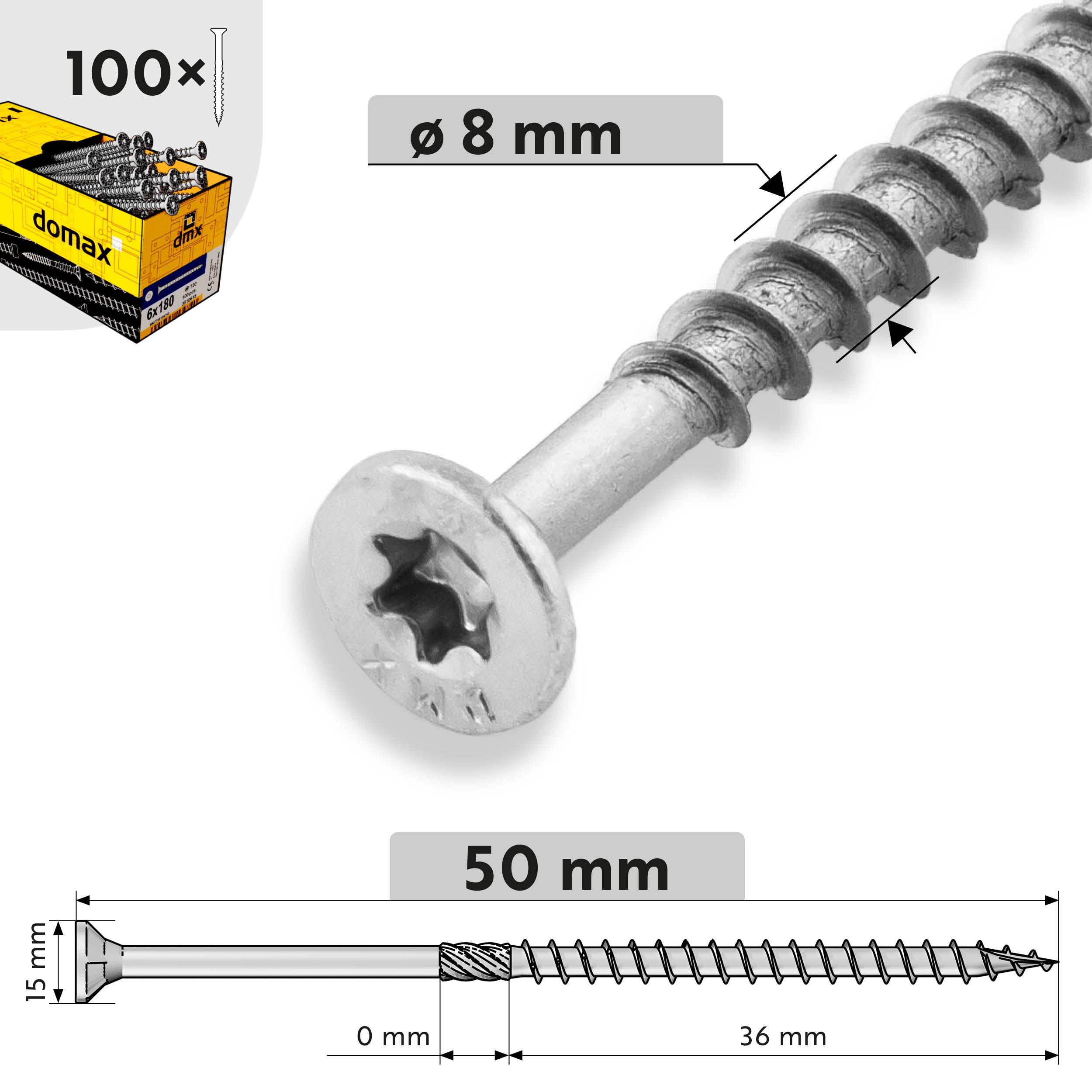 Wkręty ciesielskie do drewna stożkowe TORX - CS | 8 x 50 mm | Srebrny | 100 szt Wkręty ciesielskie do drewna stożkowe TORX CS, 8x50 mm, srebrny, 100 szt., 8x50 mm.