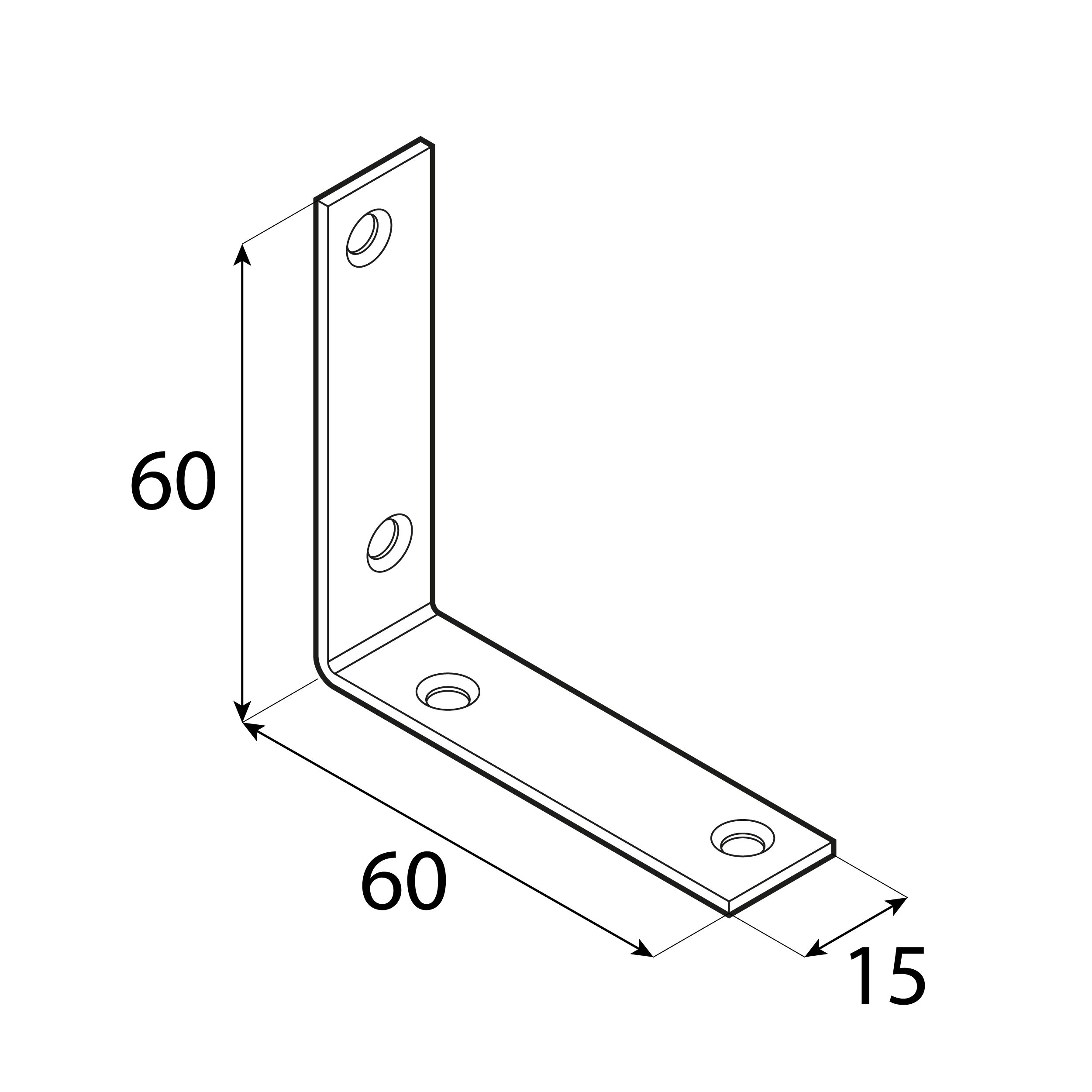 Kątownik meblowy stolarski wąski - KW 60 | 60x60x15 mm | 50 szt Kątownik meblowy stolarski wąski KW 60, 60x60x15 mm, 50 szt., 60x60x15x1,5 mm, Stal konstrukcyjna DC01, srebrny, ujęcie 2.