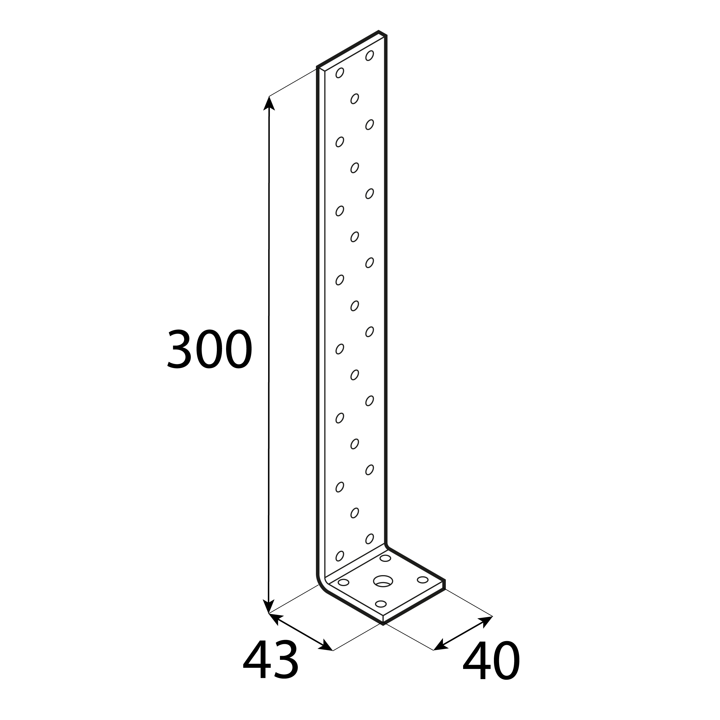 Kątownik uniwersalny do kotwienia drewna w betonie KK 12, 300x43x40 mm, 4 mm, 300x43x40x4 mm, Stal konstrukcyjna DX51D, srebrny, ujęcie 2.