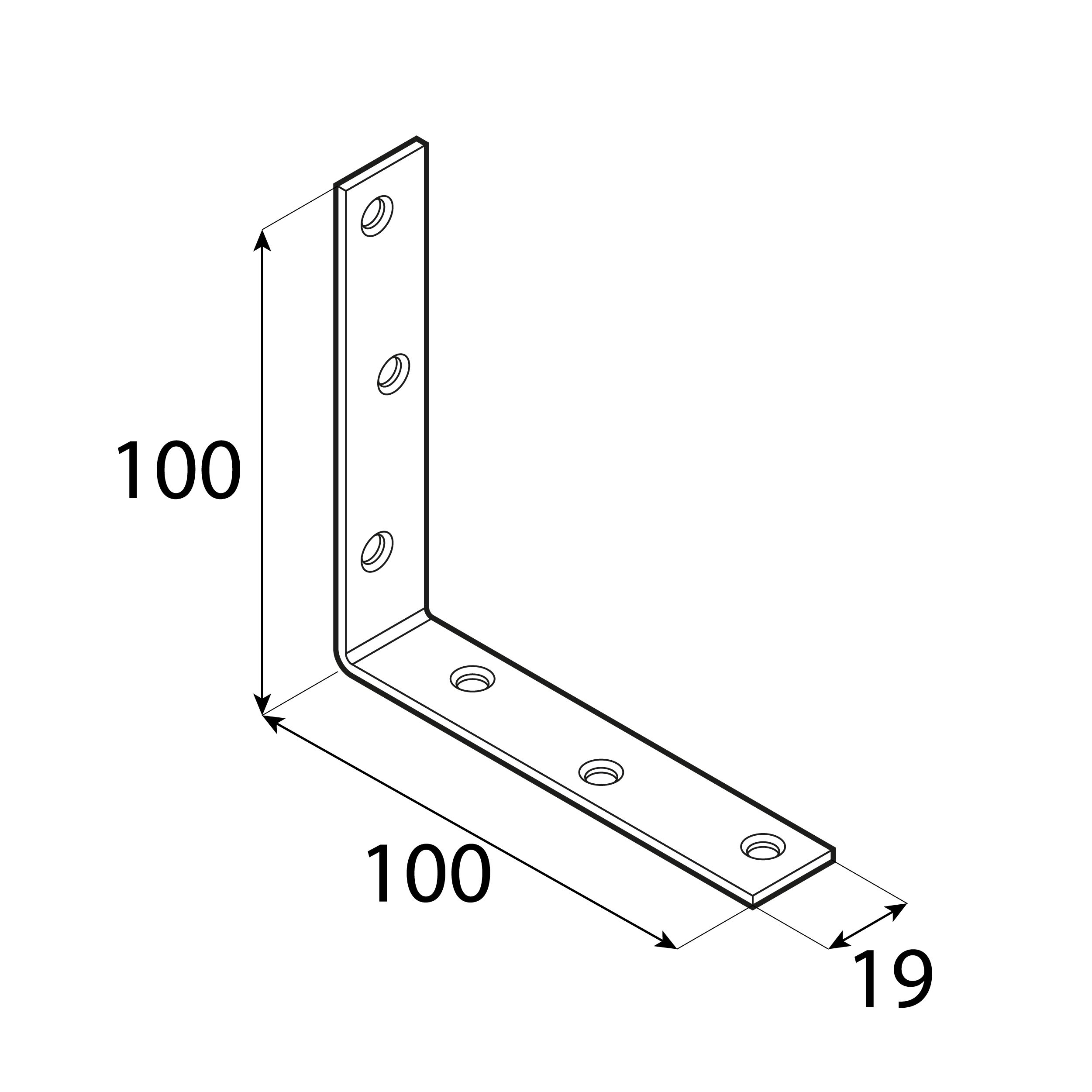 Kątownik meblowy stolarski wąski KW 100, 100x100x19 mm, 20 szt., 100x100x19x2,0 mm, Stal konstrukcyjna DC01, srebrny, ujęcie 2.