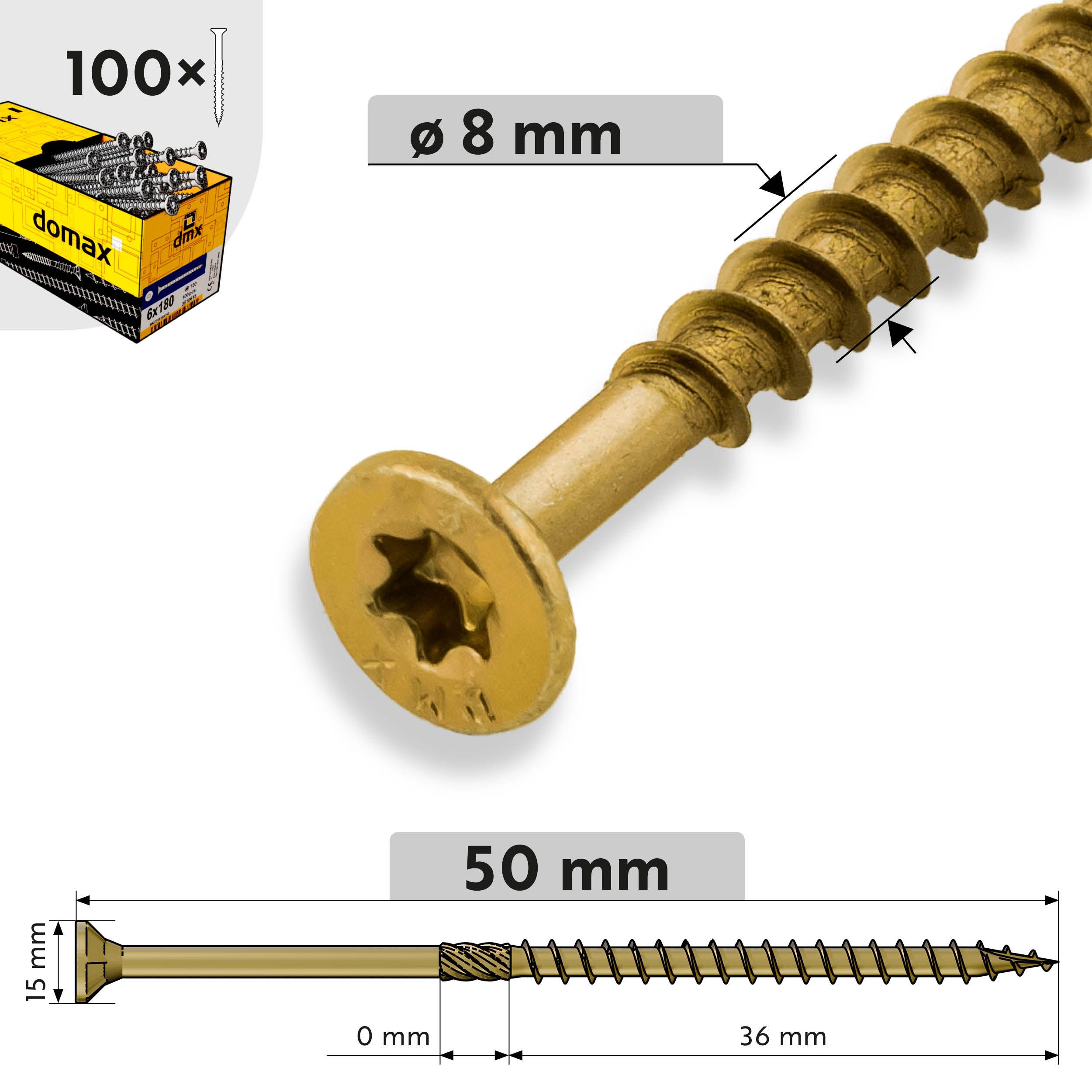 Wkręty ciesielskie do drewna stożkowe TORX - CS | 8 x 50 mm | Złoty | 100 szt Wkręty ciesielskie do drewna stożkowe TORX CS, 8x50 mm, Złoty, 100 szt., 8x50 mm, ujęcie produktu.