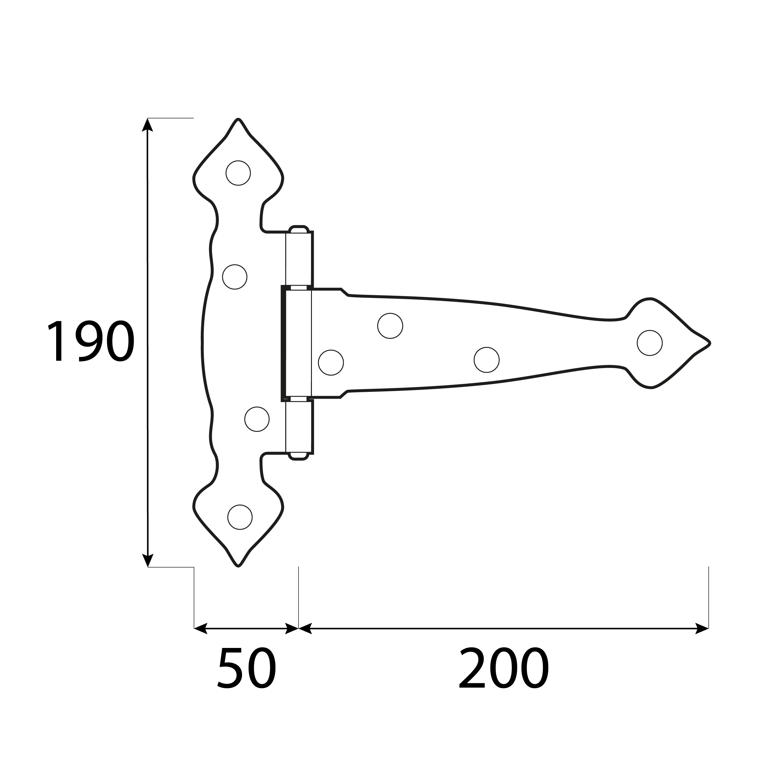 Zawias trójkątny ozdobny ZTO 200, 200 mm, 200x50x190x2,5 mm, Stal konstrukcyjna DC01, czarny 2.