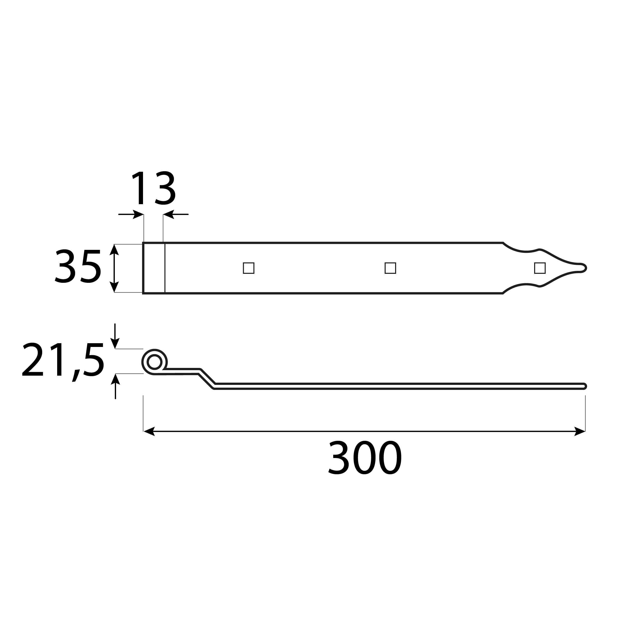 Zawias pasowy odsadzony do bram - ZPK | czarny | 300 mm | fi 13 mm Zawias pasowy odsadzony do bram ZPK, czarny, 300 mm, fi 13 mm, 300x11x35x4,0 mm, Stal konstrukcyjna S235 13.