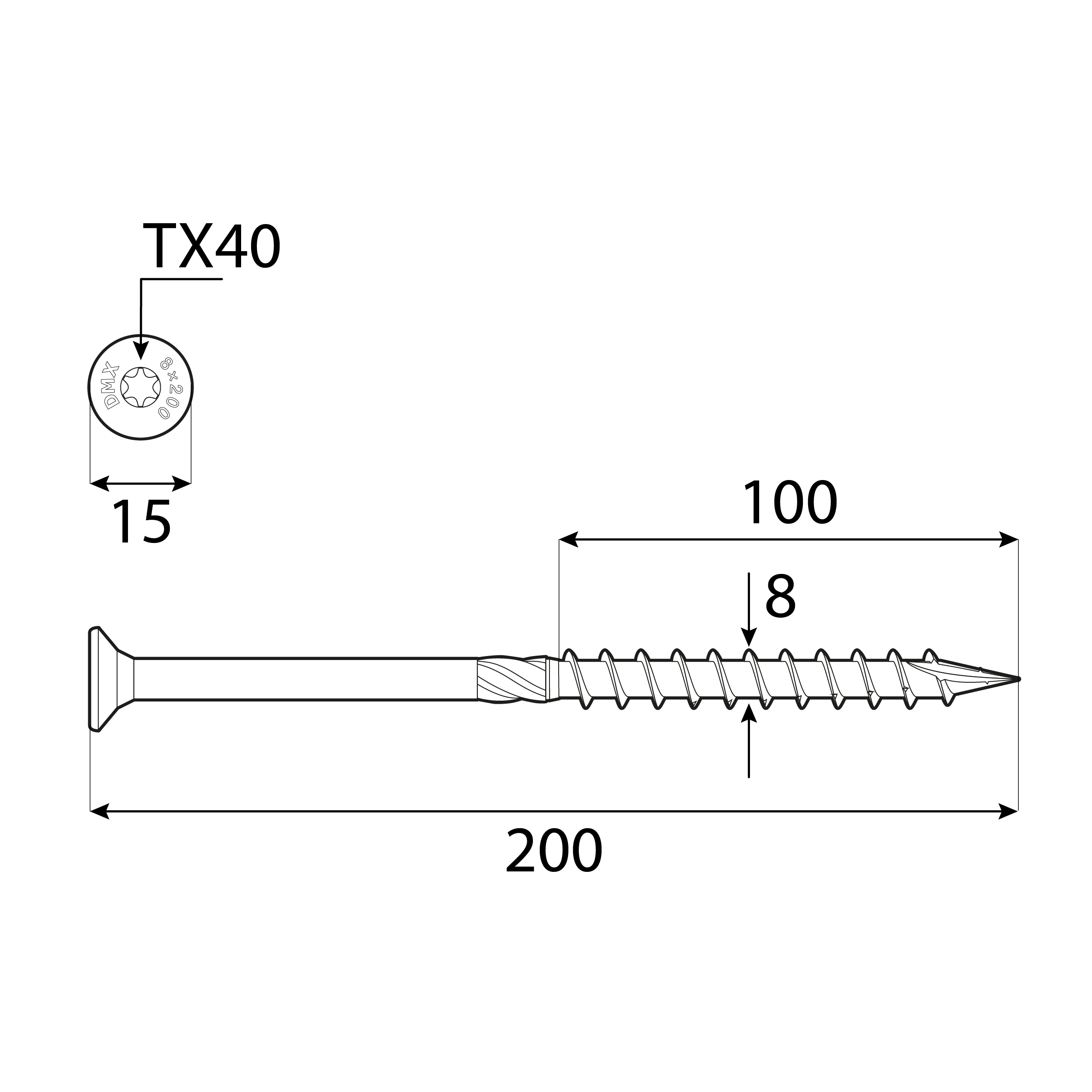 Wkręty ciesielskie do drewna stożkowe TORX - CS | 8 x 200 mm | Złoty | 50 szt Wkręty ciesielskie do drewna stożkowe TORX - CS | 8 x 200 mm | Złoty | 50 szt