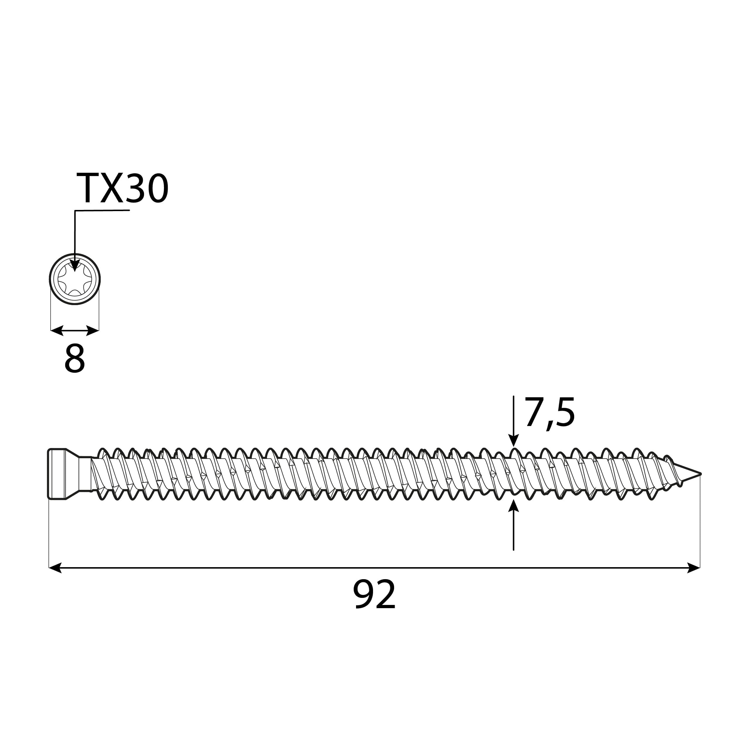 Wkręty do ościeżnic z łbem walcowym  TORX - CBW | 7,5 x 92 mm | Srebrny | 100 szt
