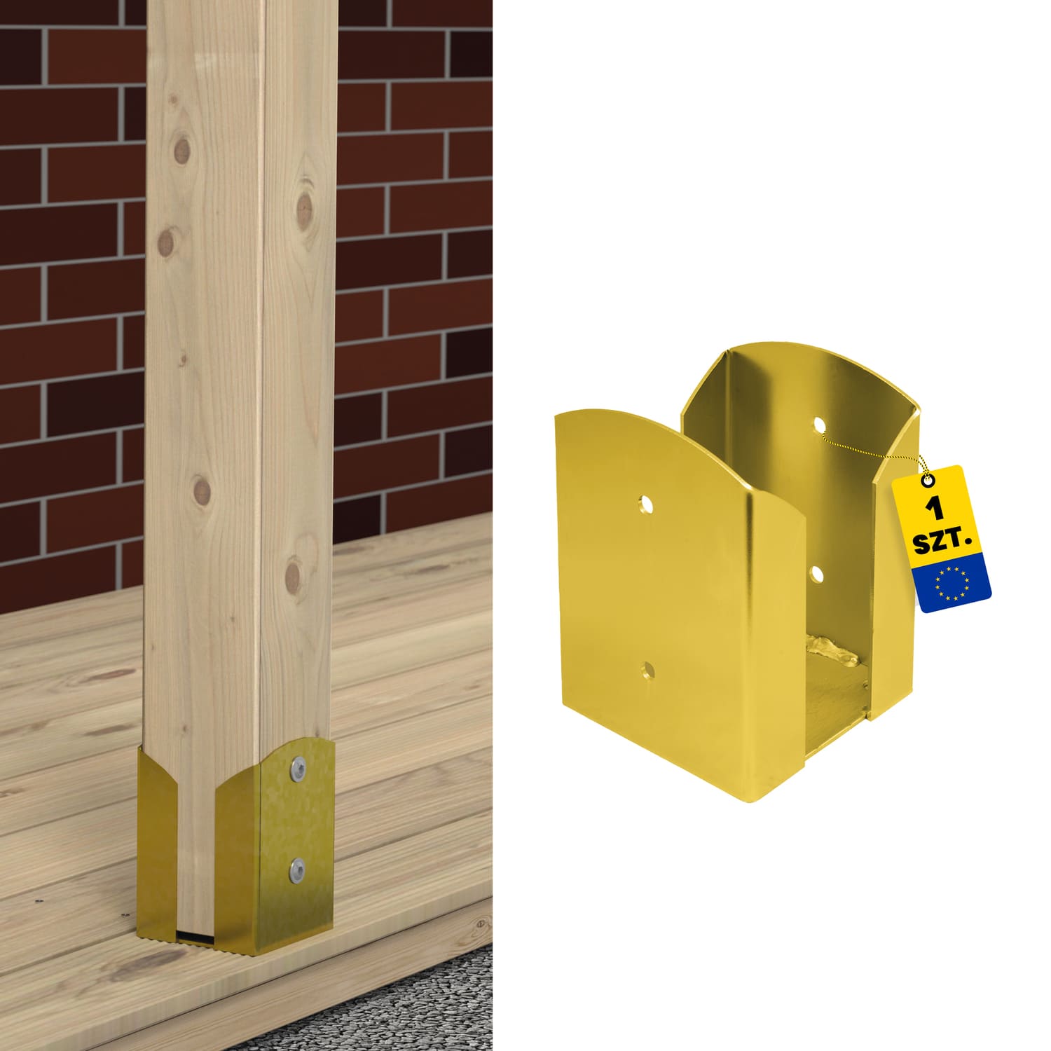 Podstawa słupa kotwa przykręcana podwójna prostokątna PSPW, 120 mm, Złoty, 121x150x2,5 mm, ujęcie produktu.