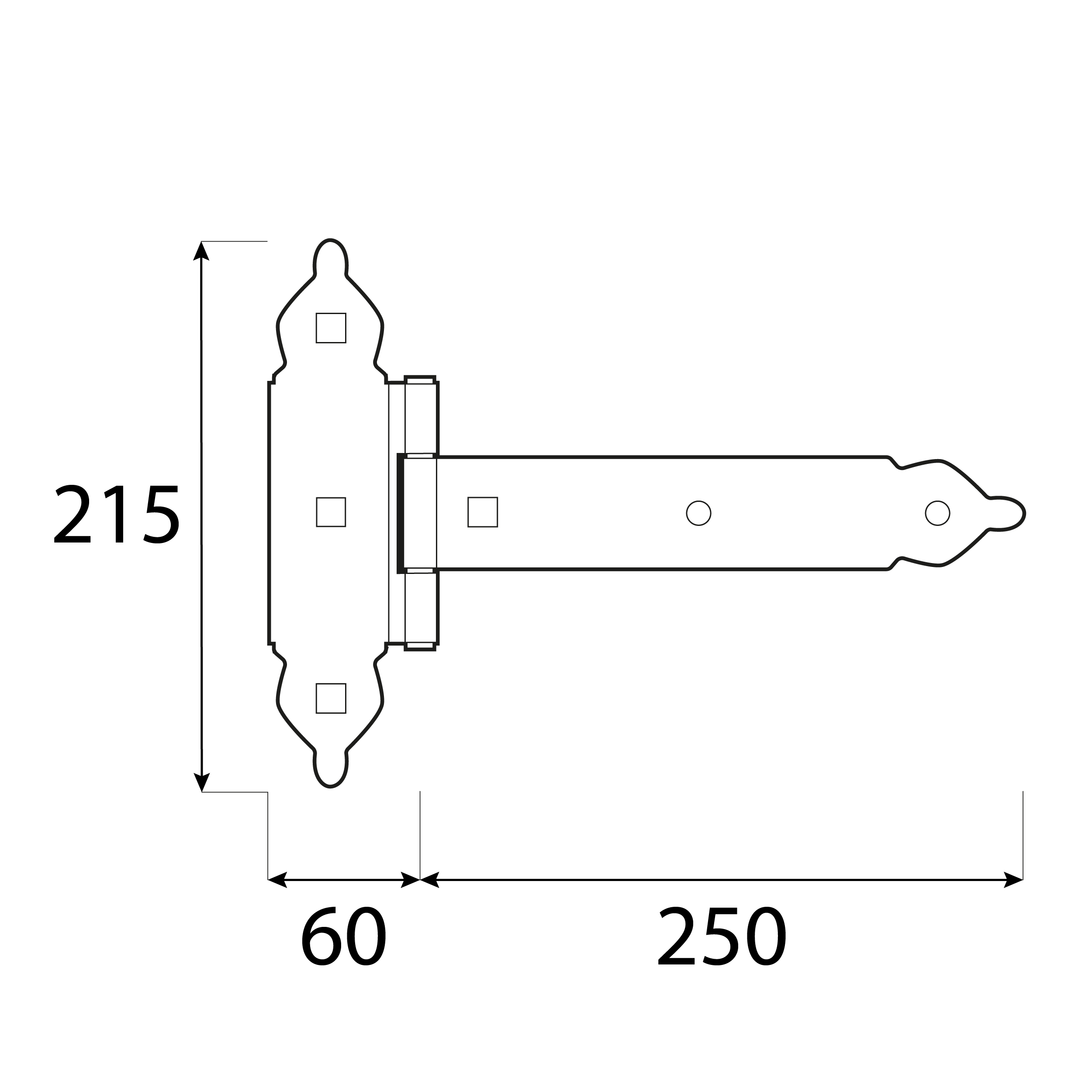 Zawias bramowy ozdobny z nakładką ZBNO 250, 250 mm, Złoty, 215 mm, 250x60x215x2,5 mm 2.