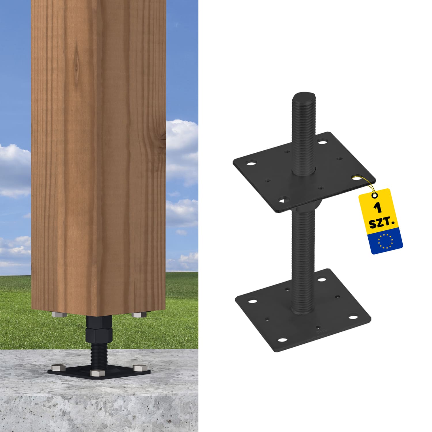 Podstawa słupa kotwa płaska gwintowana regulowana wysokość - PSR | 100x250 mm | M24 | Czarny