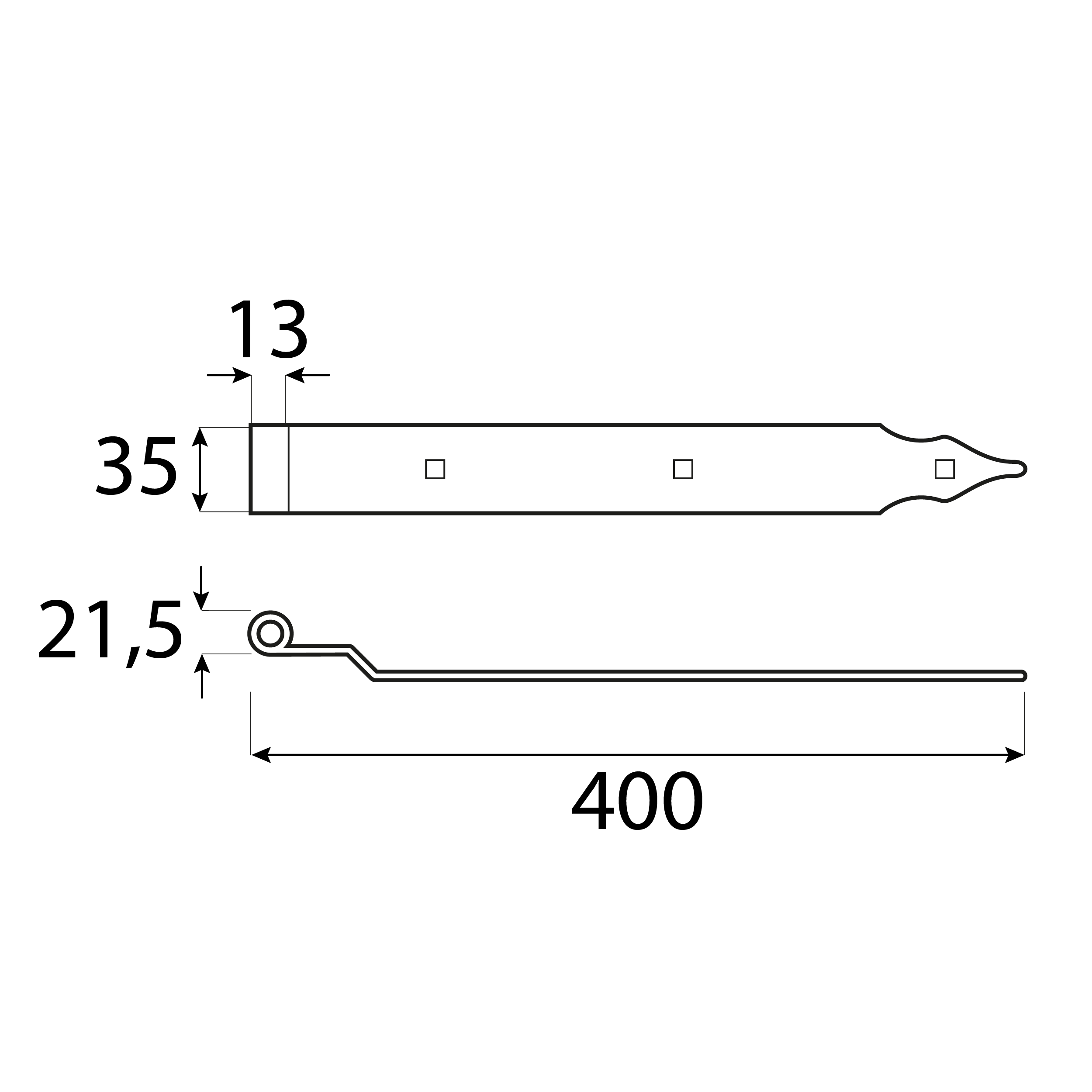 Zawias pasowy odsadzony do bram ZPK, złoty, 400 mm, fi 13 mm, 400x11x35x4,0 mm, Stal konstrukcyjna S235 13.