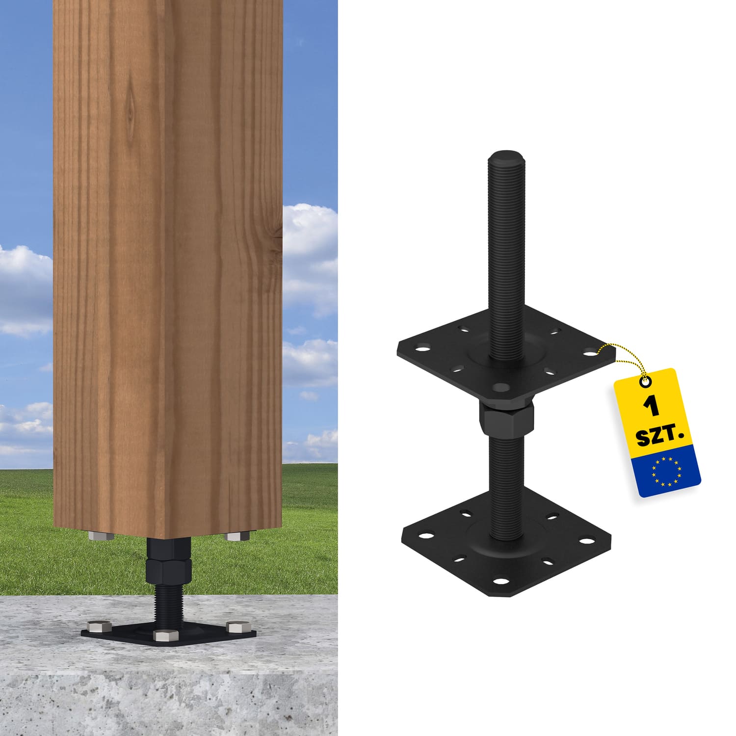 Podstawa słupa kotwa płaska gwintowana regulowana wysokość PSR, 130x250 mm, M20, czarny, ujęcie produktu.