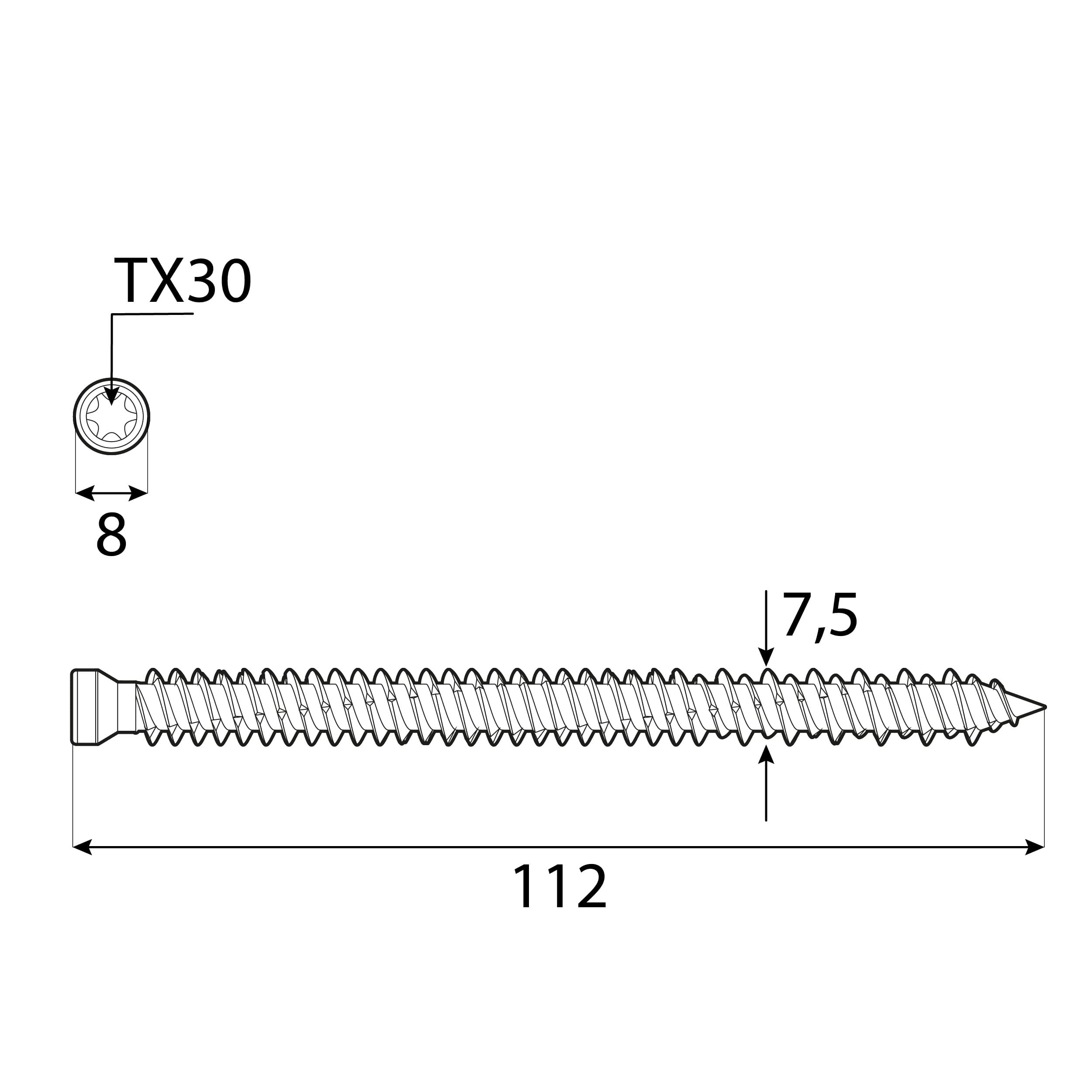 Wkręty do ościeżnic z łbem walcowym TORX - CBW | 7,5 x 112 mm | Srebrny | 100 szt Wkręty do ościeżnic z łbem walcowym TORX - CBW | 7,5 x 112 mm | Srebrny | 100 szt