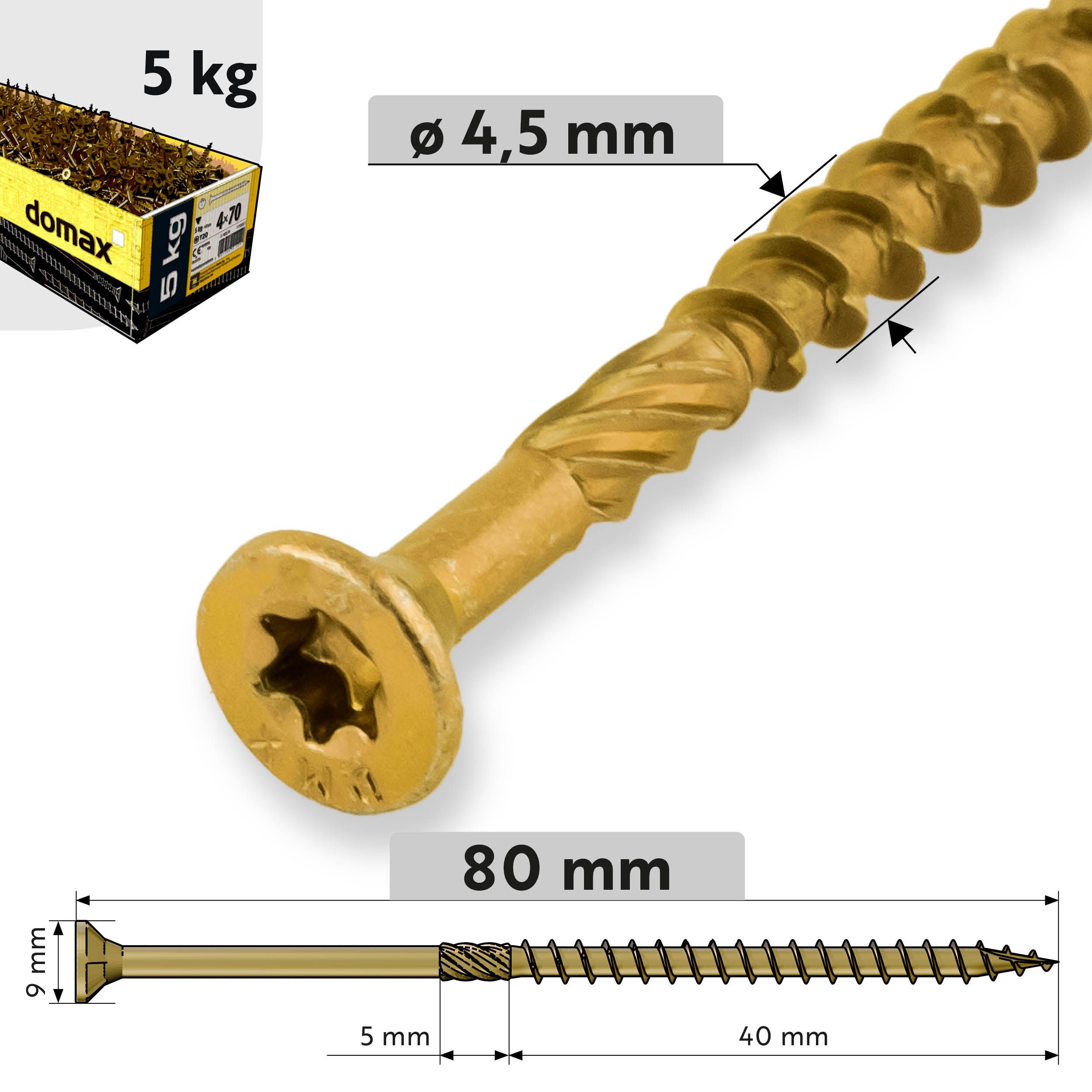 Wkręty ciesielskie do drewna stożkowe TORX - CS | 4,5 x 80 mm | Złoty | 5 kg Wkręty ciesielskie do drewna stożkowe TORX CS, 4, 5x80 mm, Złoty, 5 kg, ujęcie produktu.