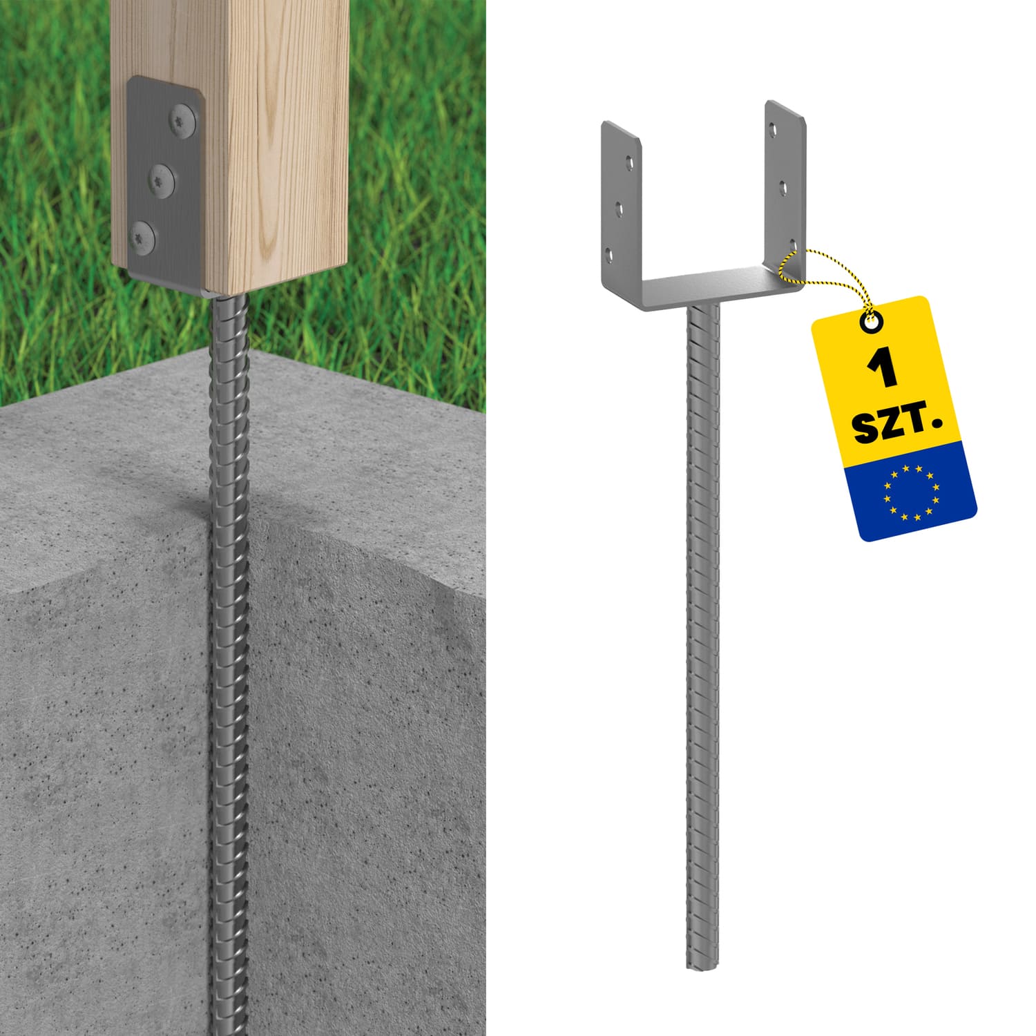 Podstawa słupa kotwa typ U z długim prętem - PS 500 | 120 mm | 624 mm