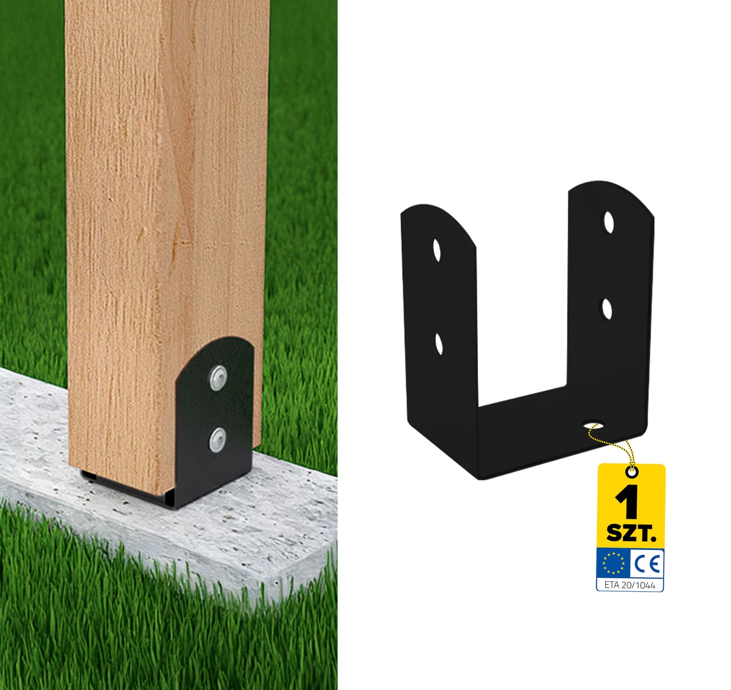 Podstawa słupa kotwa przykręcana do betonu typ U lekka PSOL, 90 mm, czarny, 91x71x120x2,5 mm, ujęcie produktu.