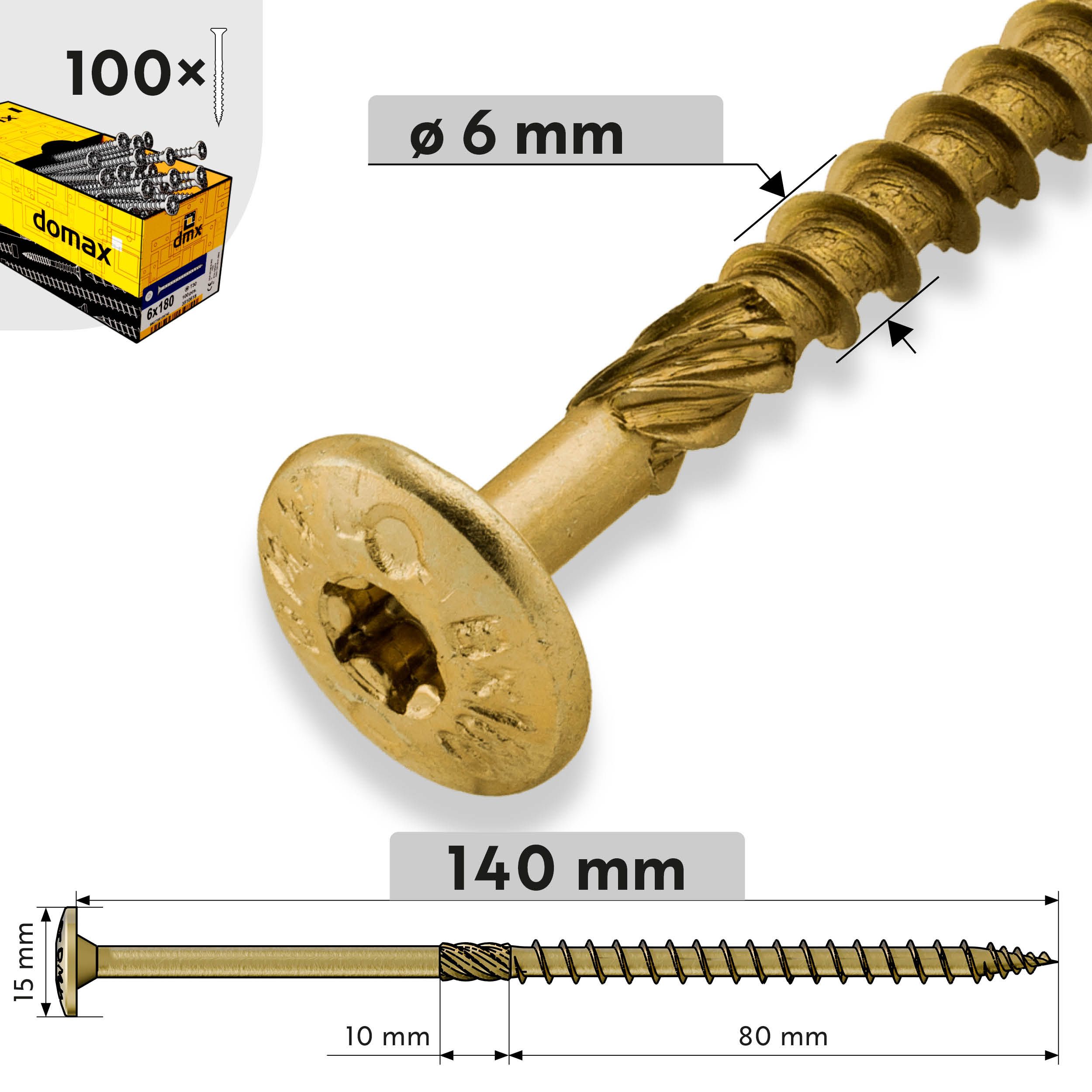 Wkręty ciesielskie do drewna talerzowe TORX - CT | 6 x 140 mm | Złoty | 100 szt Wkręty ciesielskie do drewna talerzowe TORX - CT | 6 x 140 mm | Złoty | 100 szt