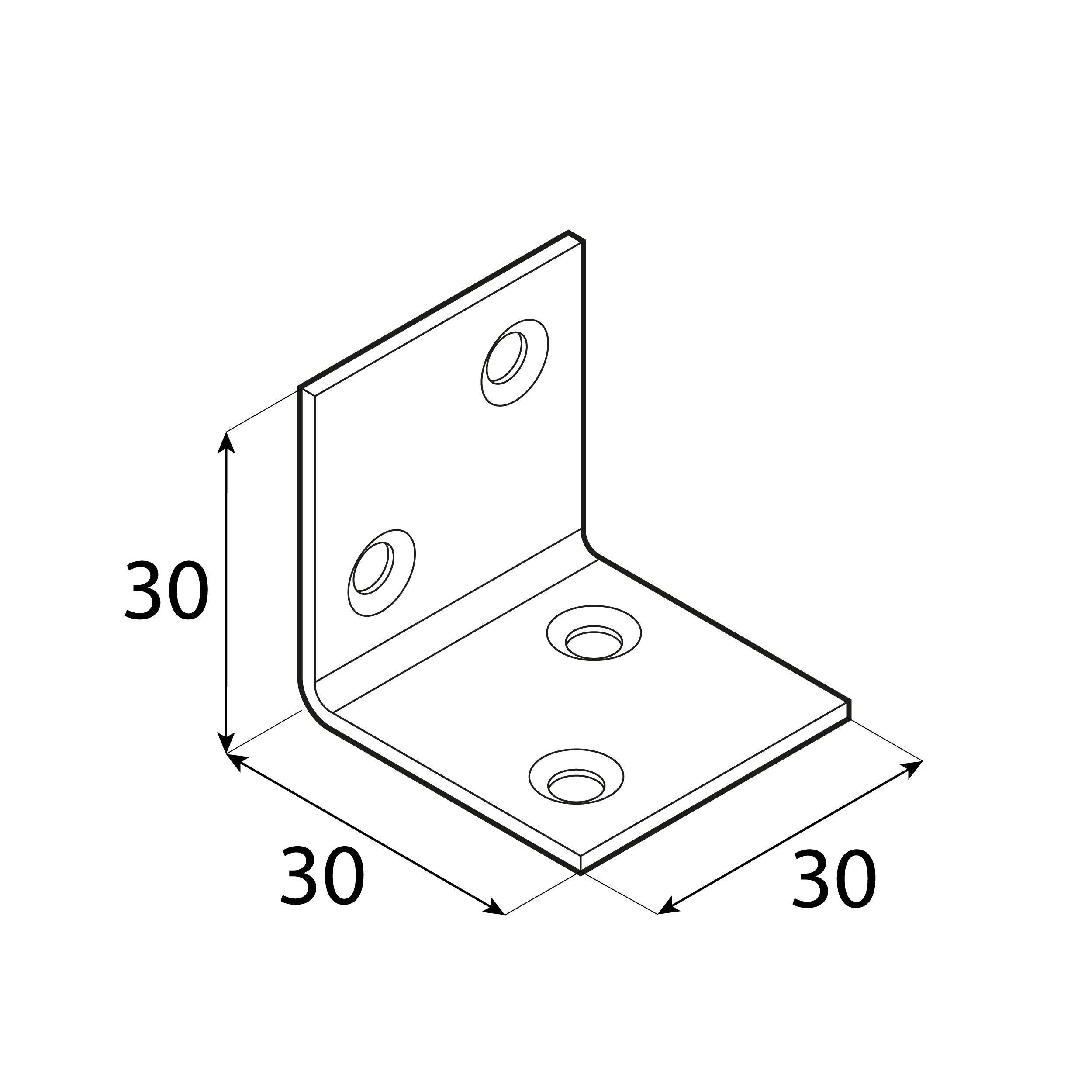 Kątownik meblowy stolarski szeroki - KS 1 | 30x30x30 mm | 50 szt Kątownik meblowy stolarski szeroki KS 1, 30x30x30 mm, 50 szt., 30x30x30x1,5 mm, Stal konstrukcyjna DC01, Złoty.