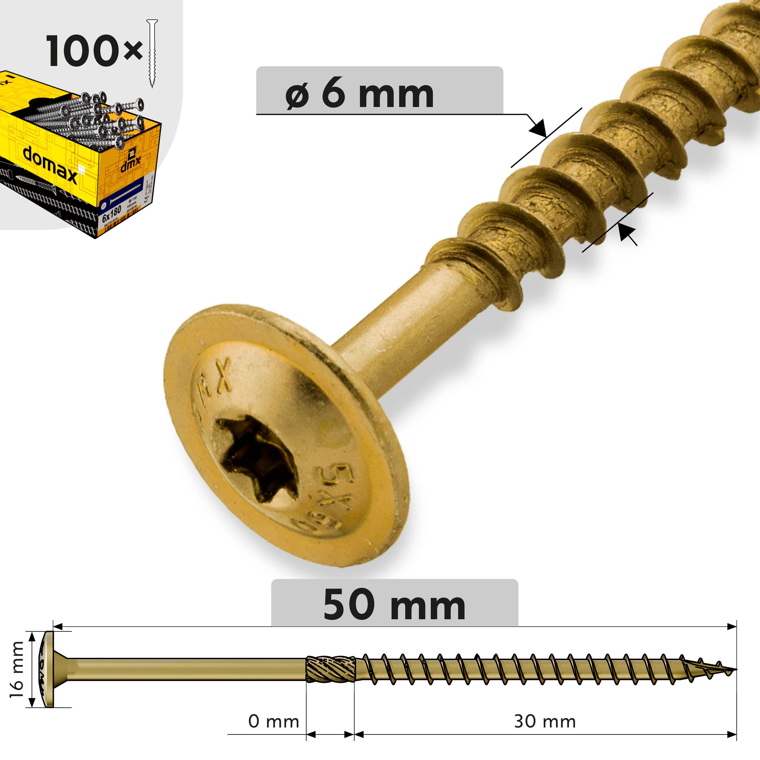 Wkręty ciesielskie do drewna talerzowe TORX - CT | 6 x 50 mm | Złoty | 100 szt Wkręty ciesielskie do drewna talerzowe TORX CT, 6x50 mm, Złoty, 100 szt., 6x50 mm, Hartowana stal węglowa, ujęcie produktu.