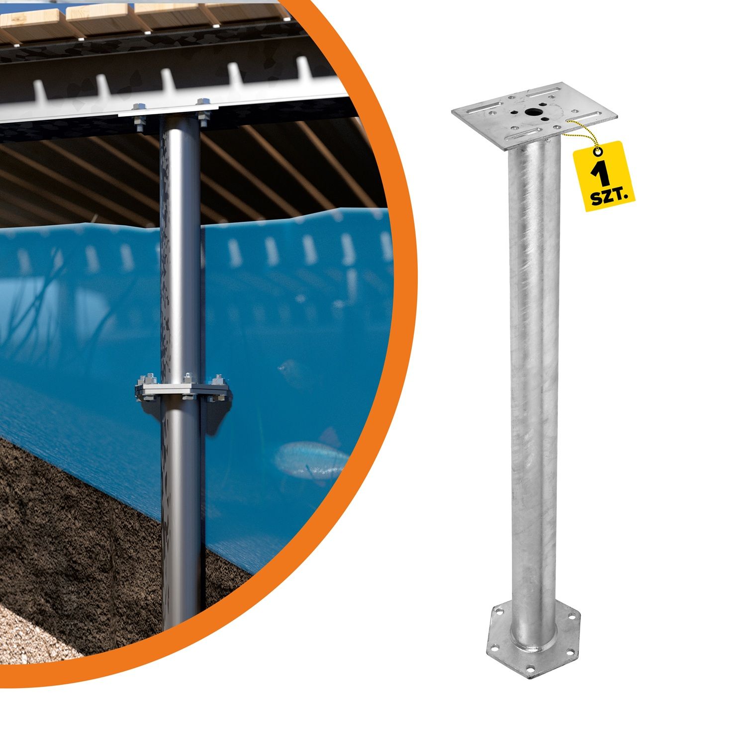 Przedłużenie podstawy PWM/PWF flansza sześciokątną PWC, 1000 mm, Stal konstrukcyjna S235, srebrny, ujęcie produktu.