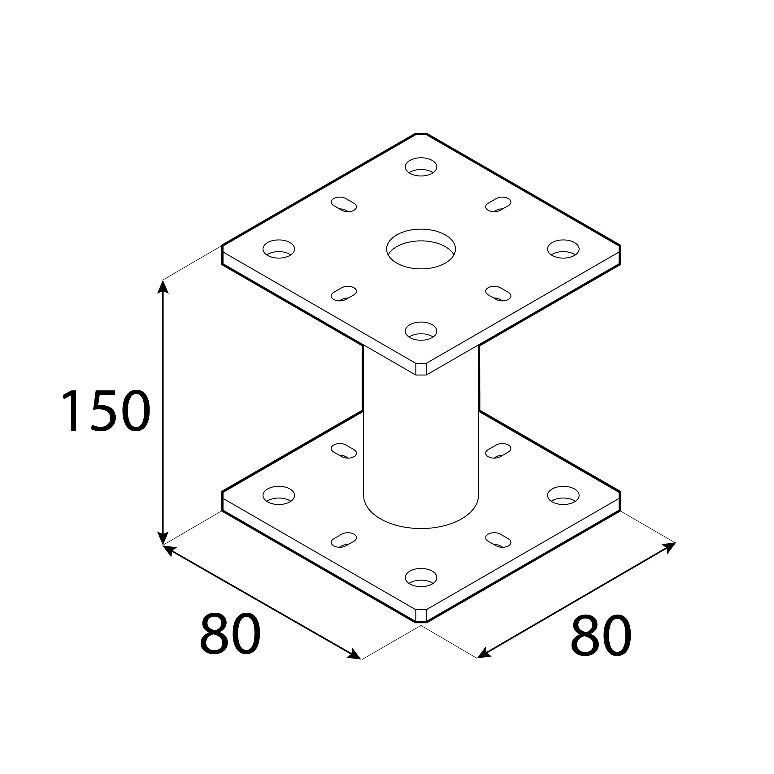 Podstawa słupa kotwa wspornik płaska z rurą - PMF | 80x80 mm | 150 mm | Srebrny Podstawa słupa kotwa wspornik płaska z rurą PMF, 80x80 mm, 150 mm, srebrny, 80x80x150x4,0 mm 150.