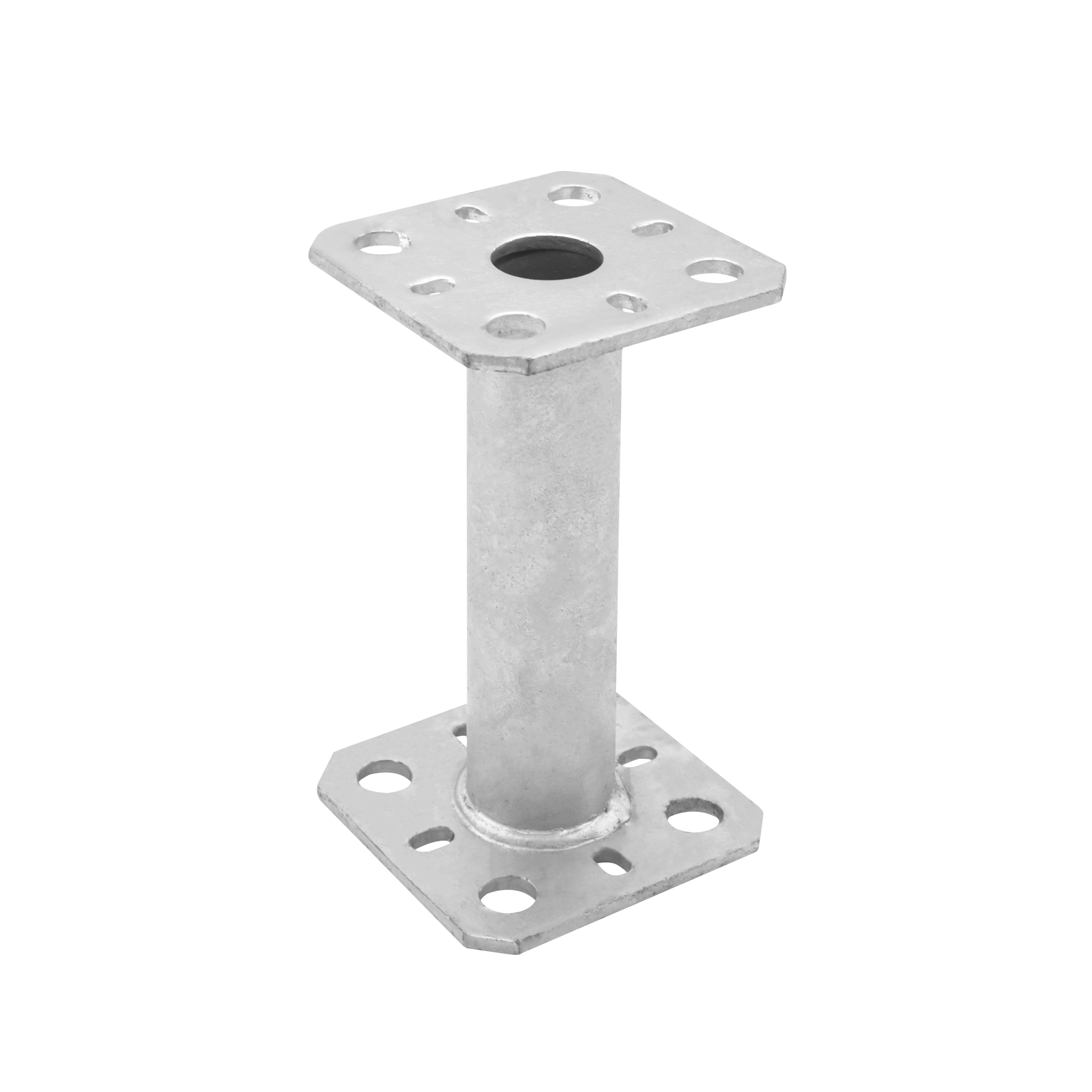 Podstawa słupa kotwa wspornik płaska z rurą PMF, 80x80 mm, 150 mm, srebrny, 80x80x150x4,0 mm.