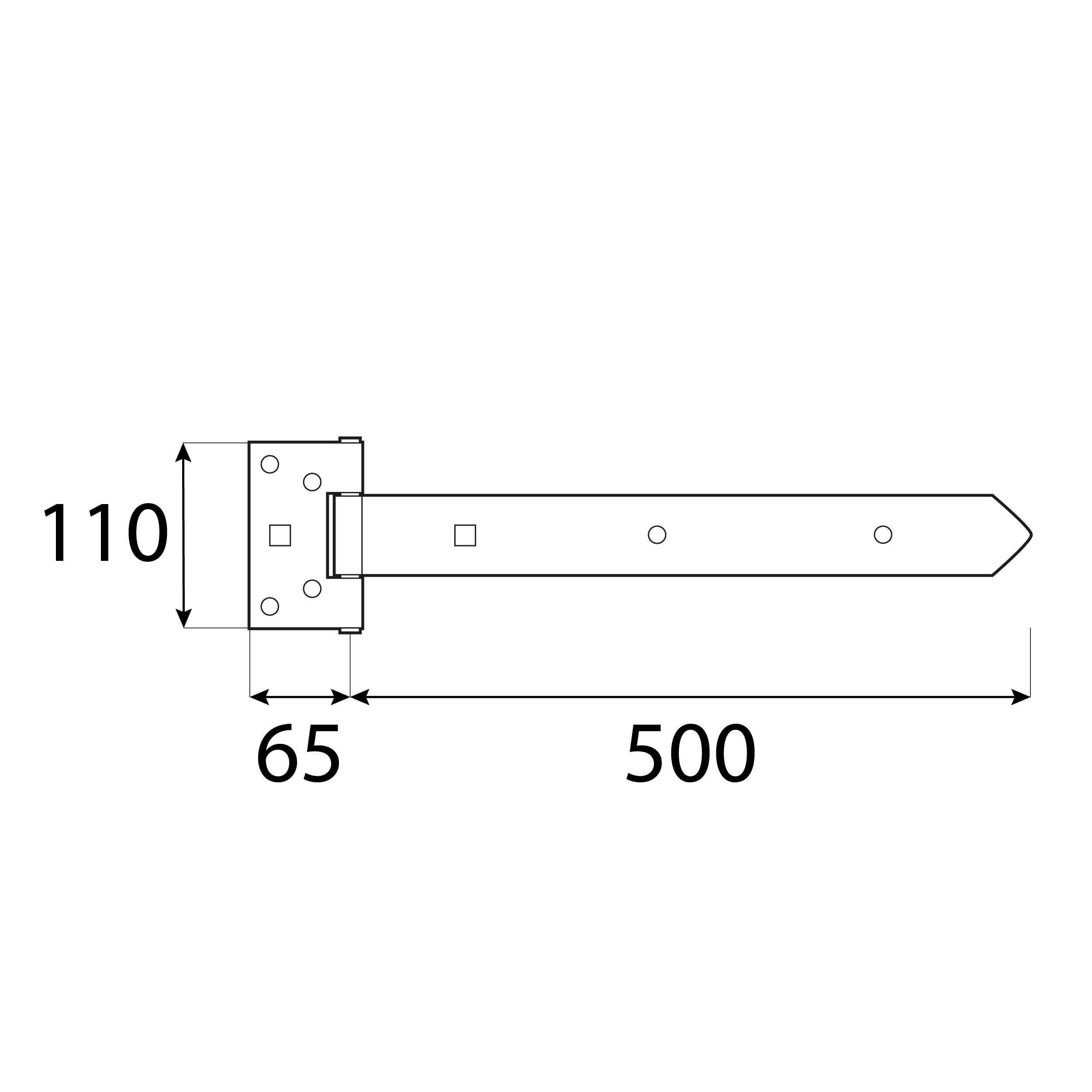 Zawias bramkowy długi do bramy furtki okiennic ZBW 500, 500 mm, czarny, 500x65x110x4,0 mm, Stal konstrukcyjna DC01 2.