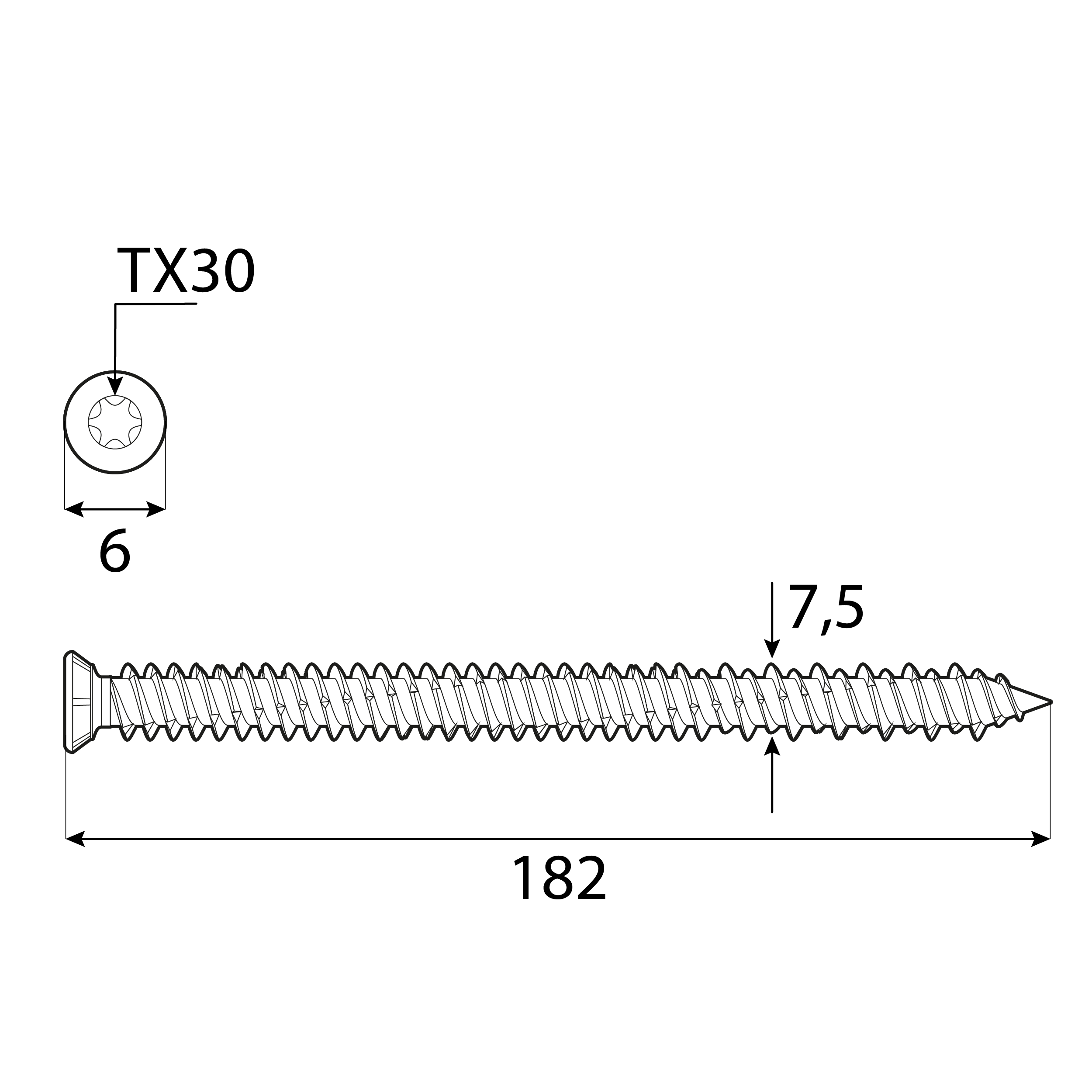 Wkręty do ościeżnic z łbem stożkowym TORX CBS, 7, 5x182 mm, srebrny, 100 szt., 5x182 mm, Hartowana stal węglowa 2.
